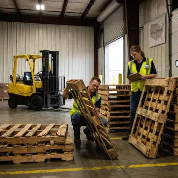Workers sorting pallets for recycling