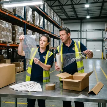 warehouse team reviewing custom poly bag packaging samples