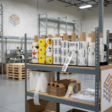 Custom industrial labels in a warehouse
