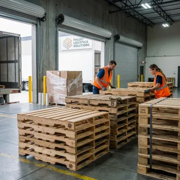 Warehouse team sorting recycled pallets