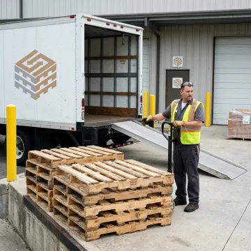 Commercial pallet hauling truck at warehouse