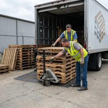 Workers loading used pallets for hauling