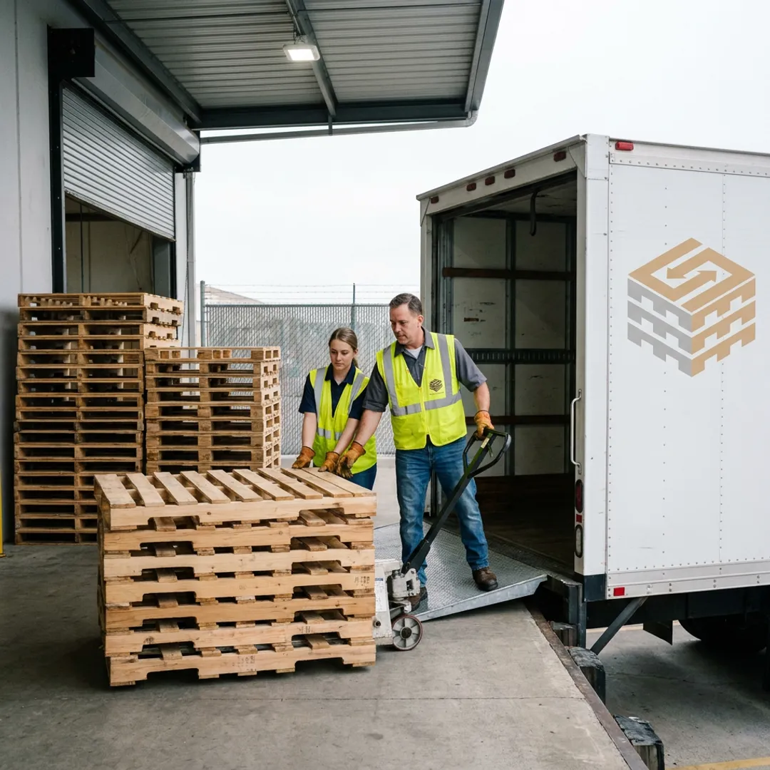 Crew collecting pallets at warehouse dock