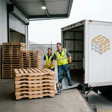Crew collecting pallets at warehouse dock