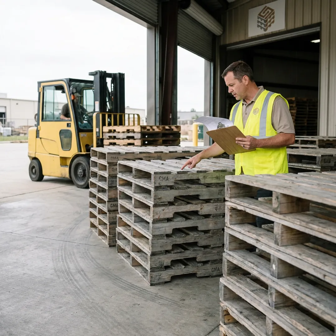 Manager preparing used pallets for pickup