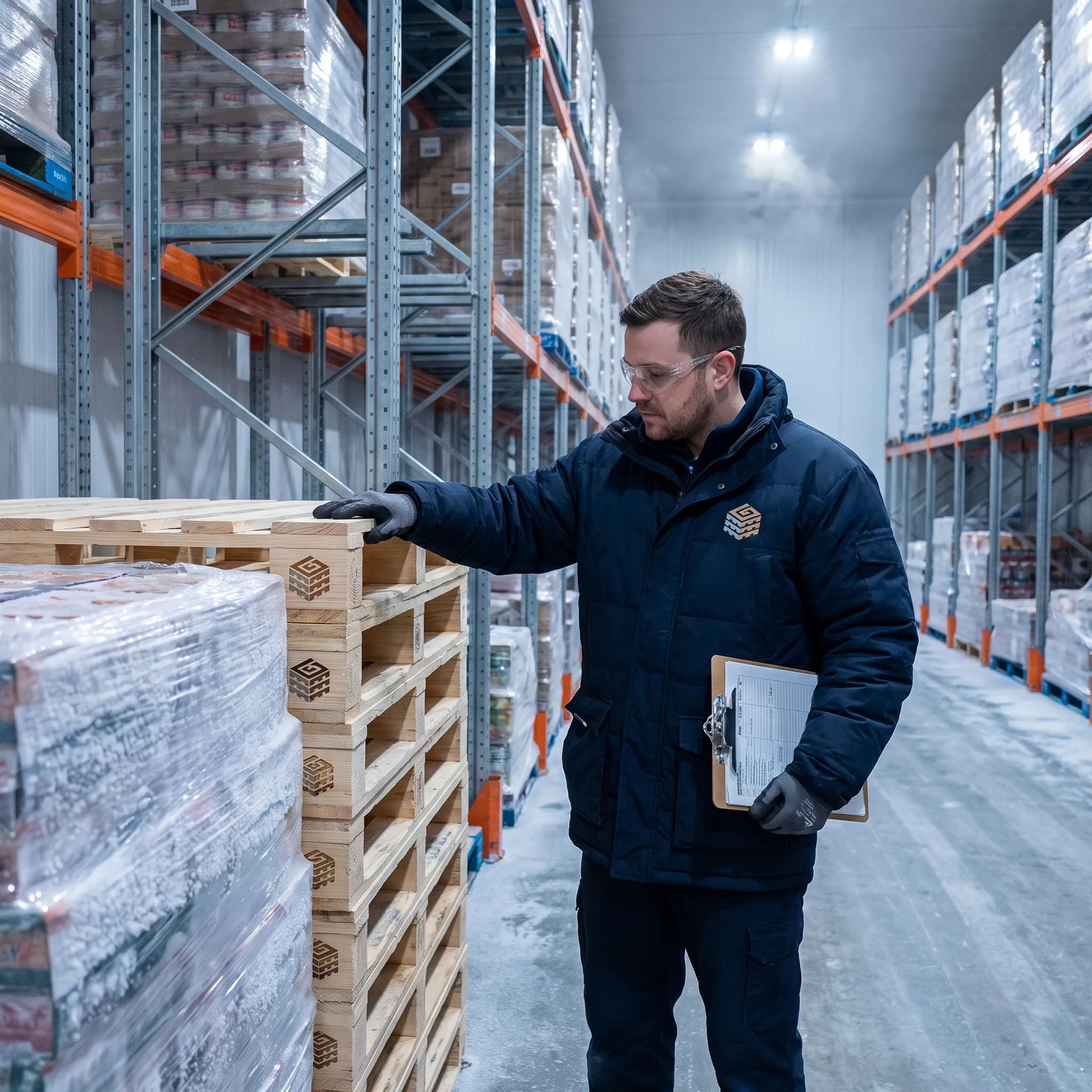 Worker inspecting pallets for cold storage