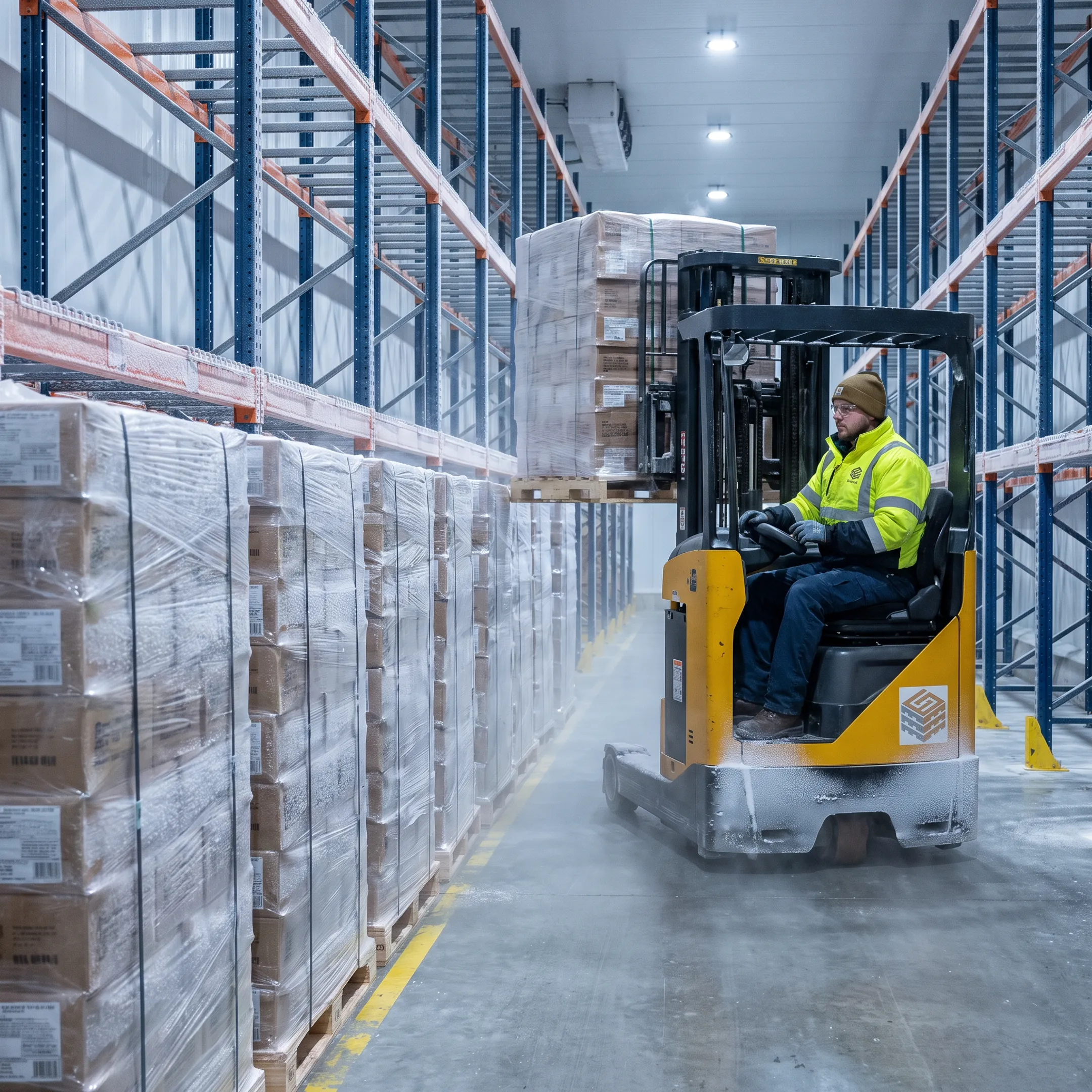 Cold storage pallets loaded in a freezer warehouse