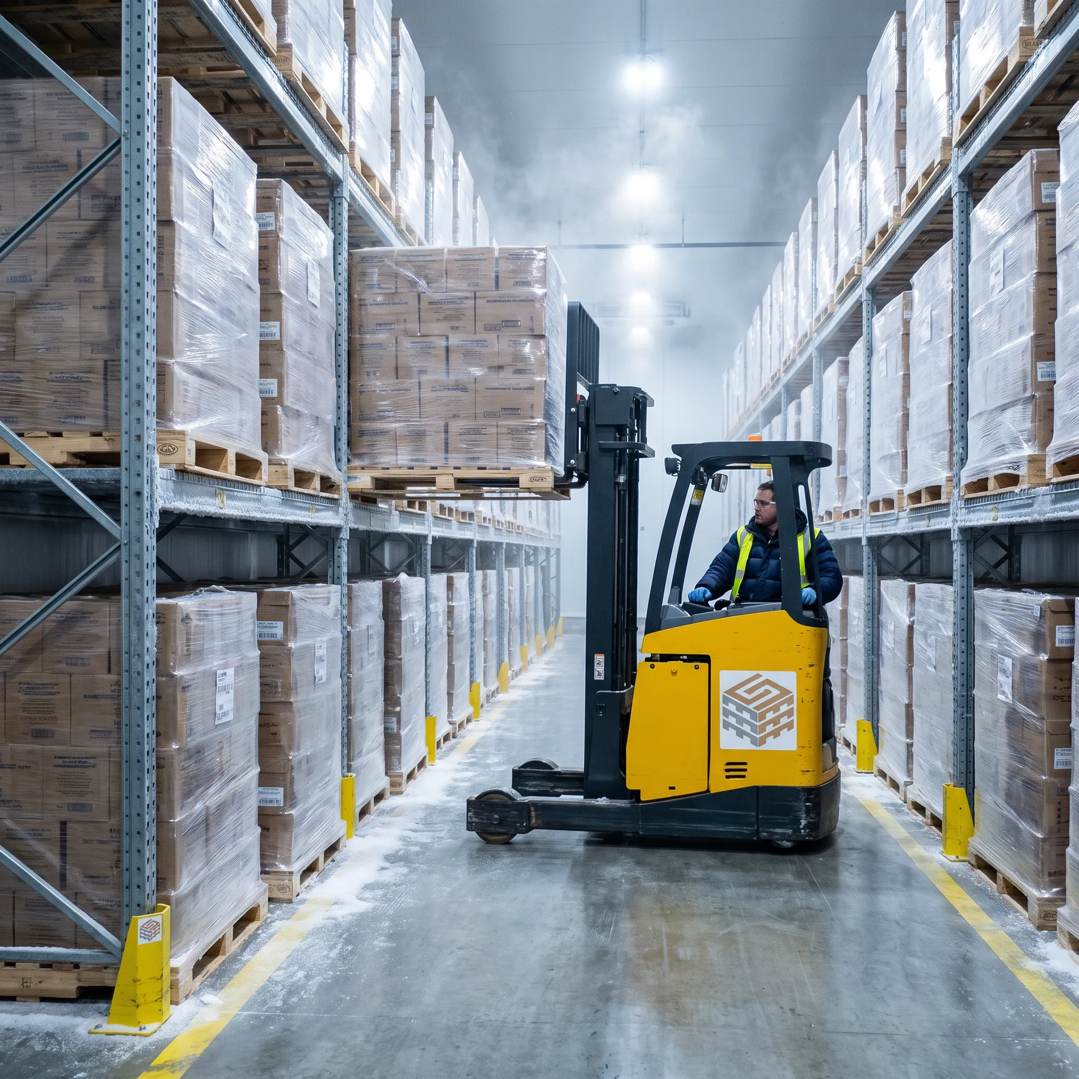Cold storage pallets holding wrapped frozen products