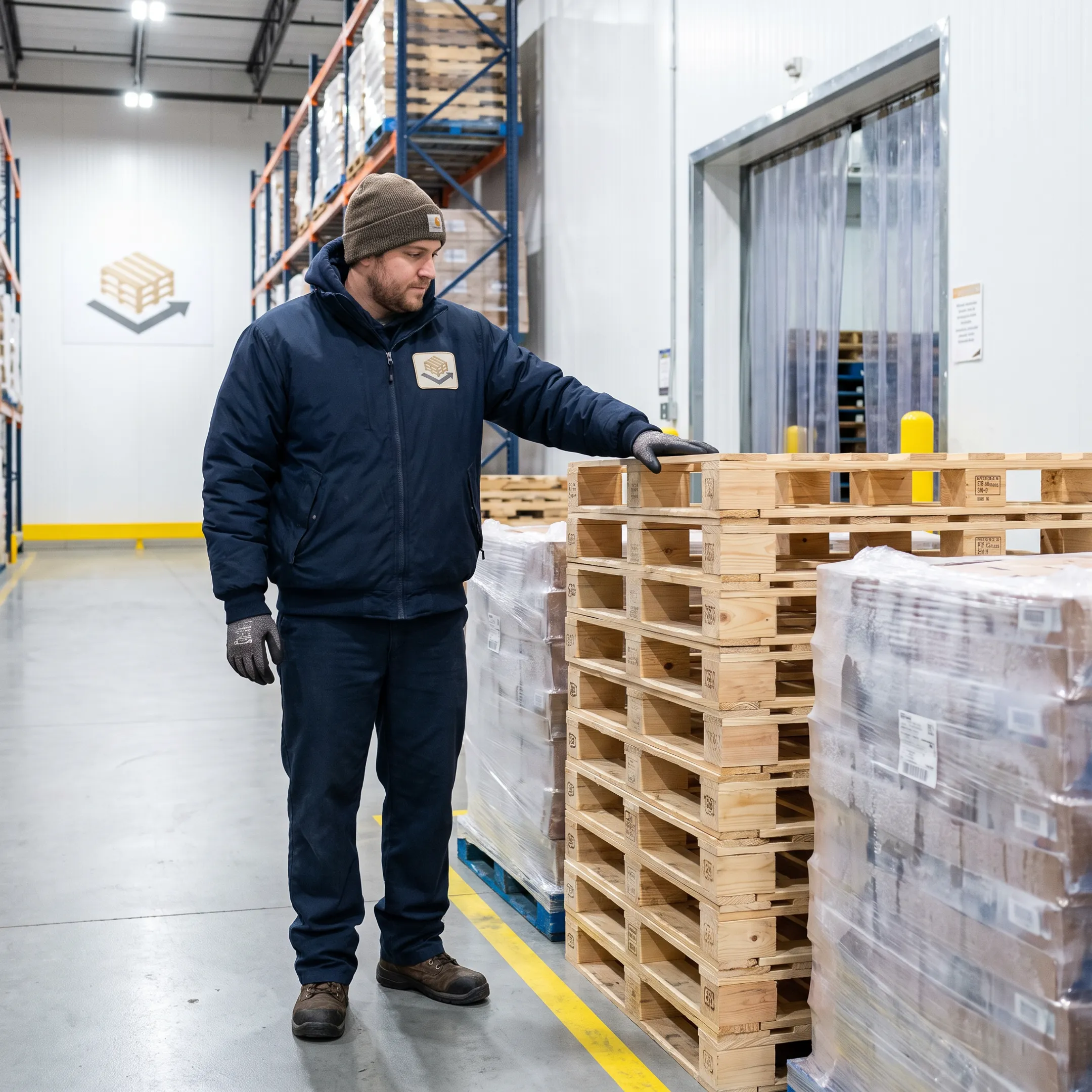 Worker inspecting pallets in a cold storage warehouse