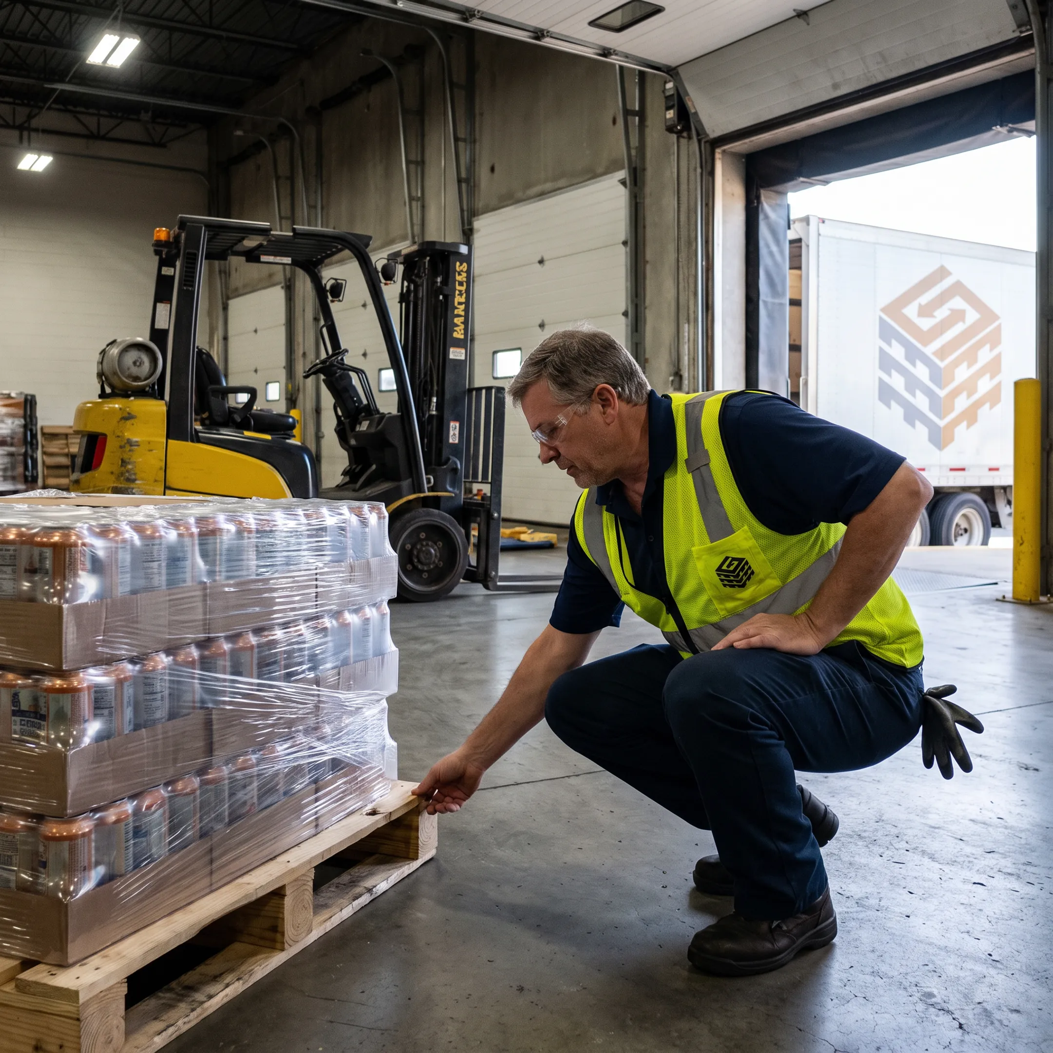 Worker inspecting custom beverage pallet