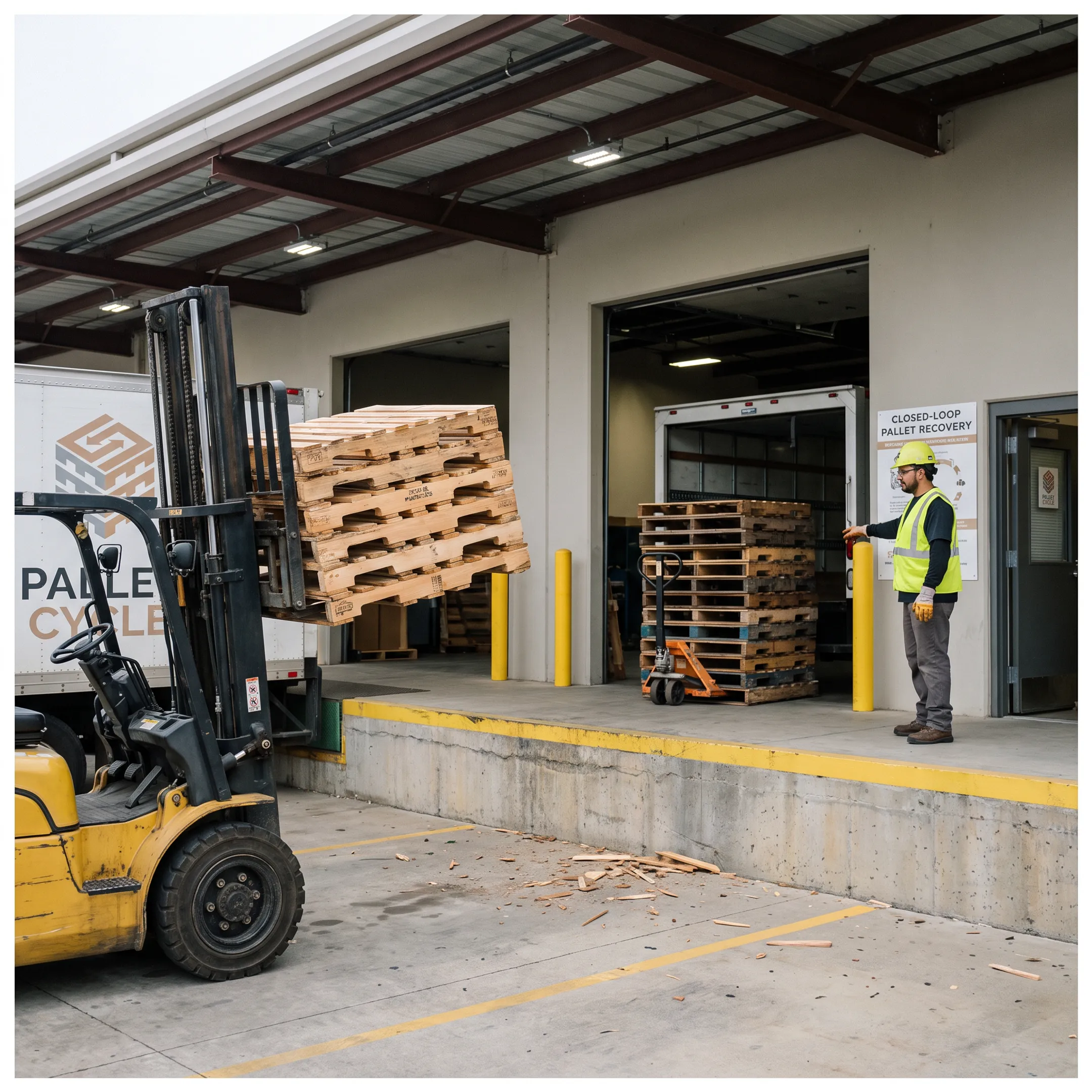 Forklift handling pallets at a warehouse loading dock