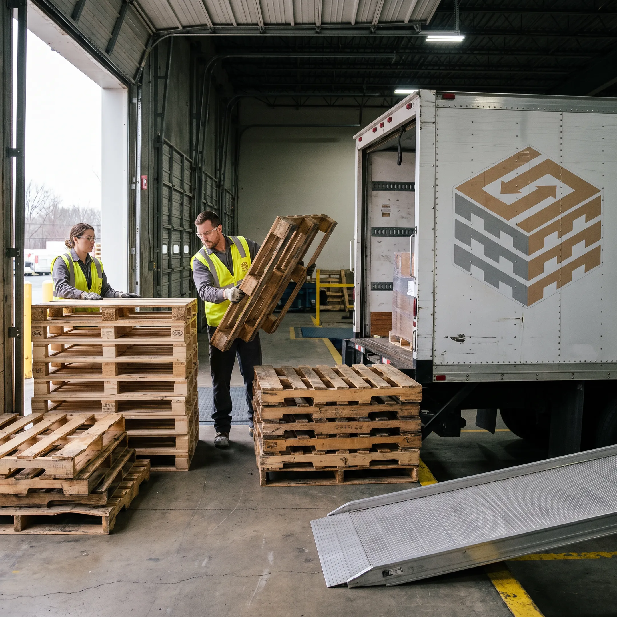 Warehouse team sorting recovered wood pallets