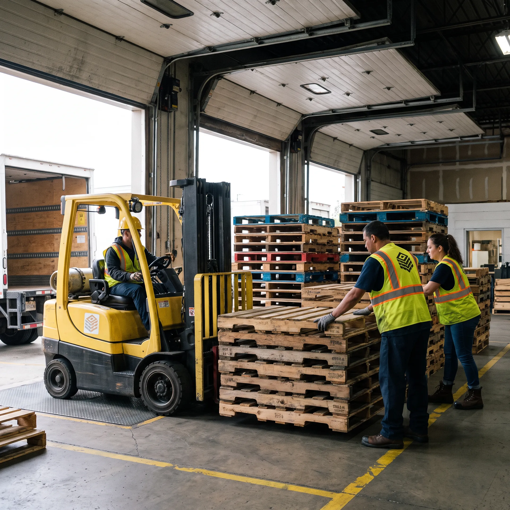 Workers sorting used wooden pallets at a warehouse