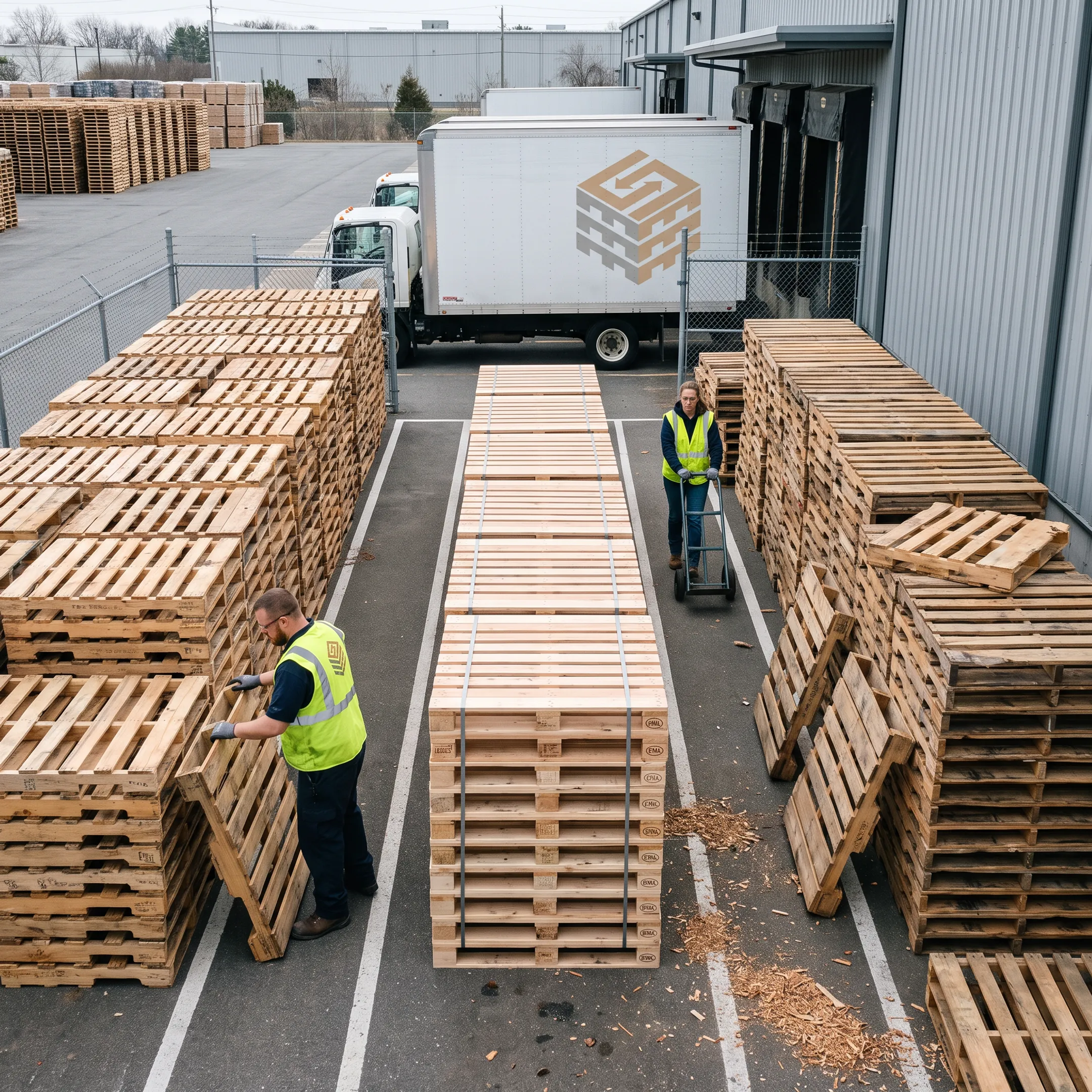 Sorted recovered pallets at a recycling facility