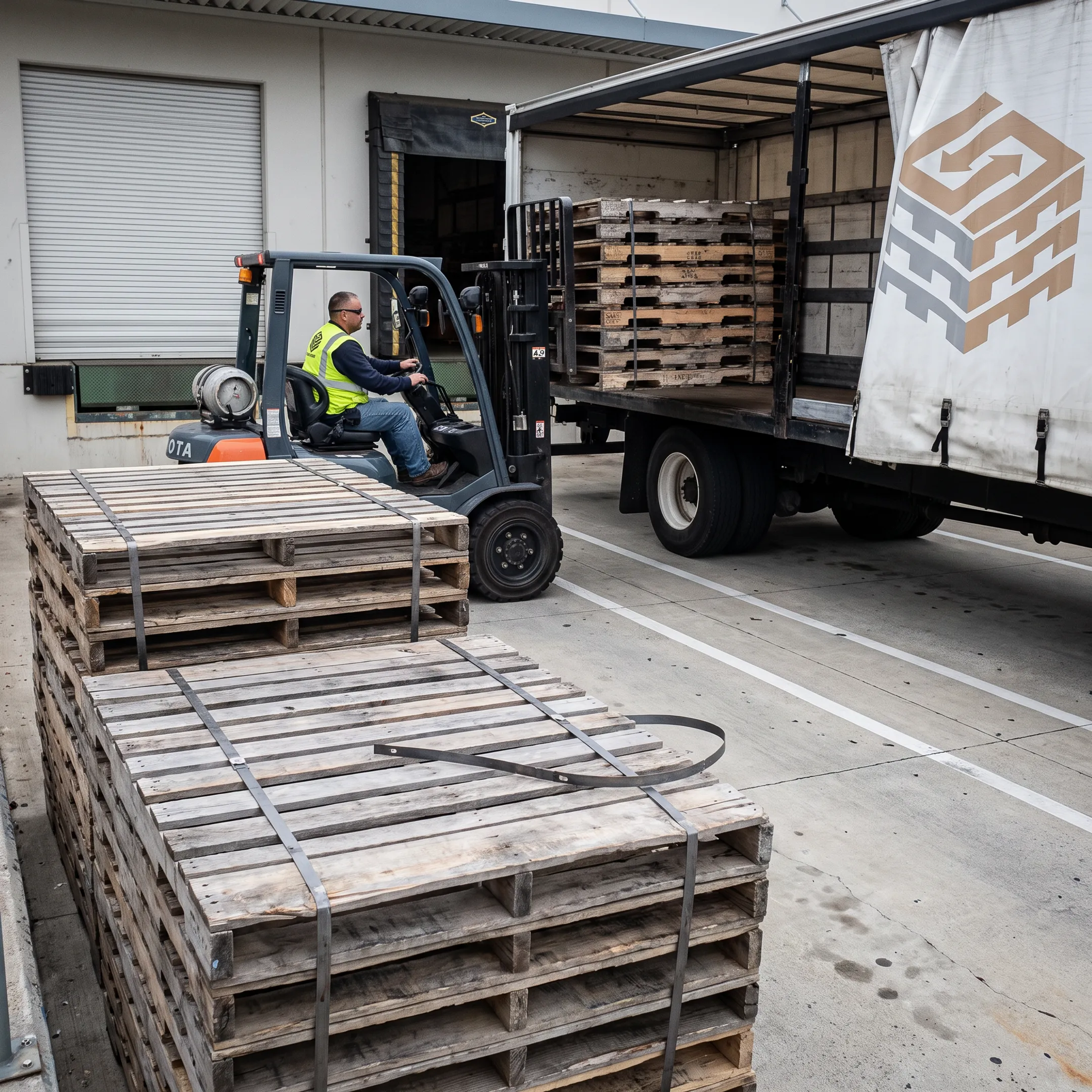 Warehouse team preparing used pallets for pickup