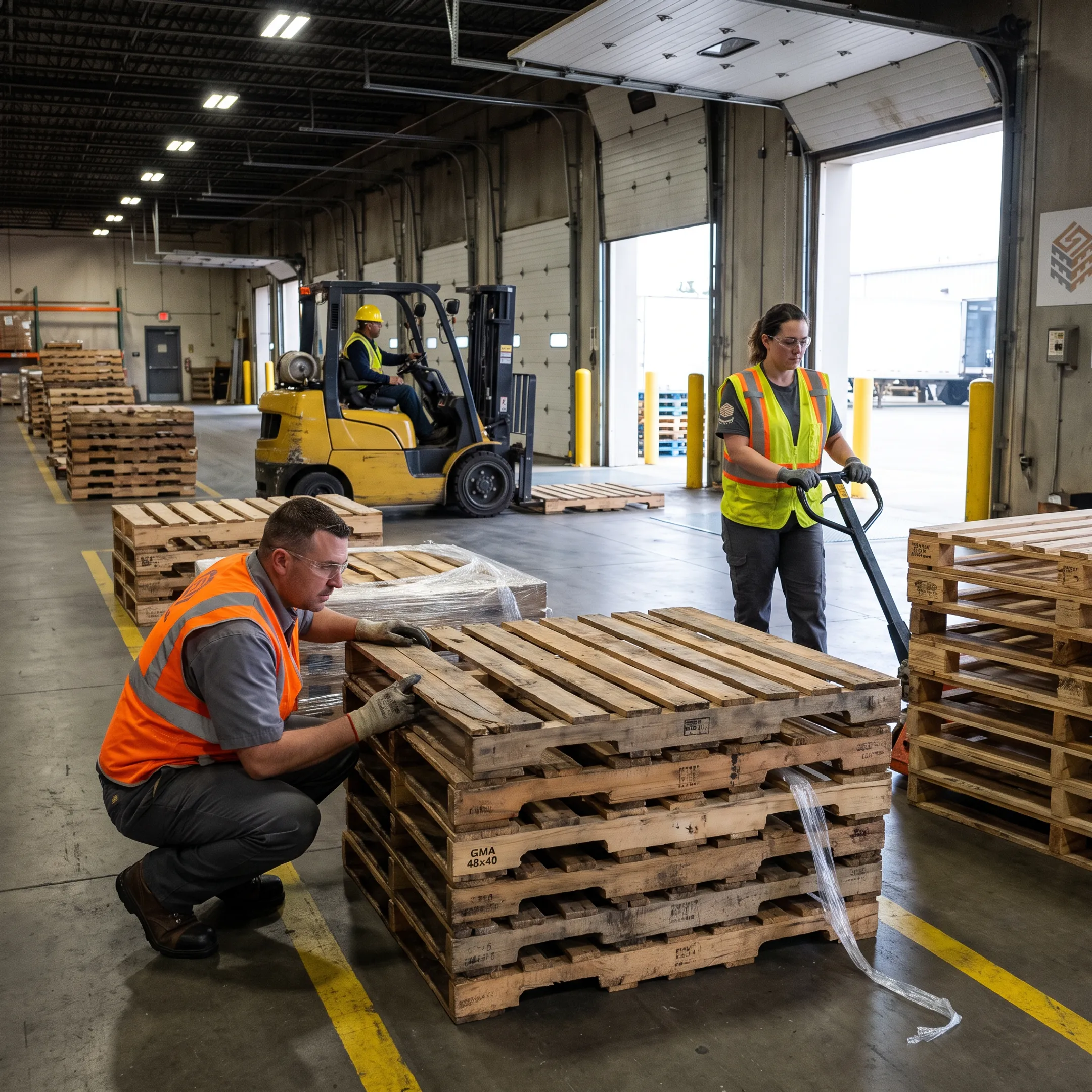 Used pallets sorted at a warehouse dock