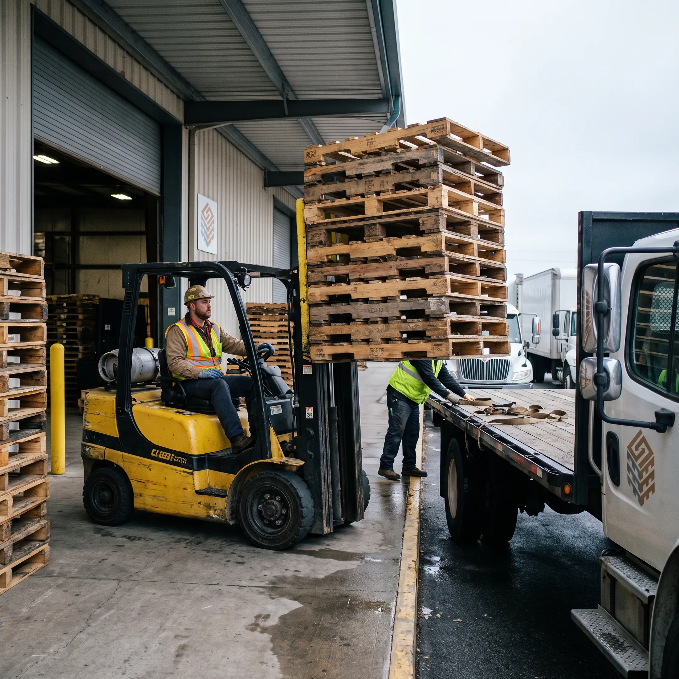 Forklift loading used wood pallets for pickup