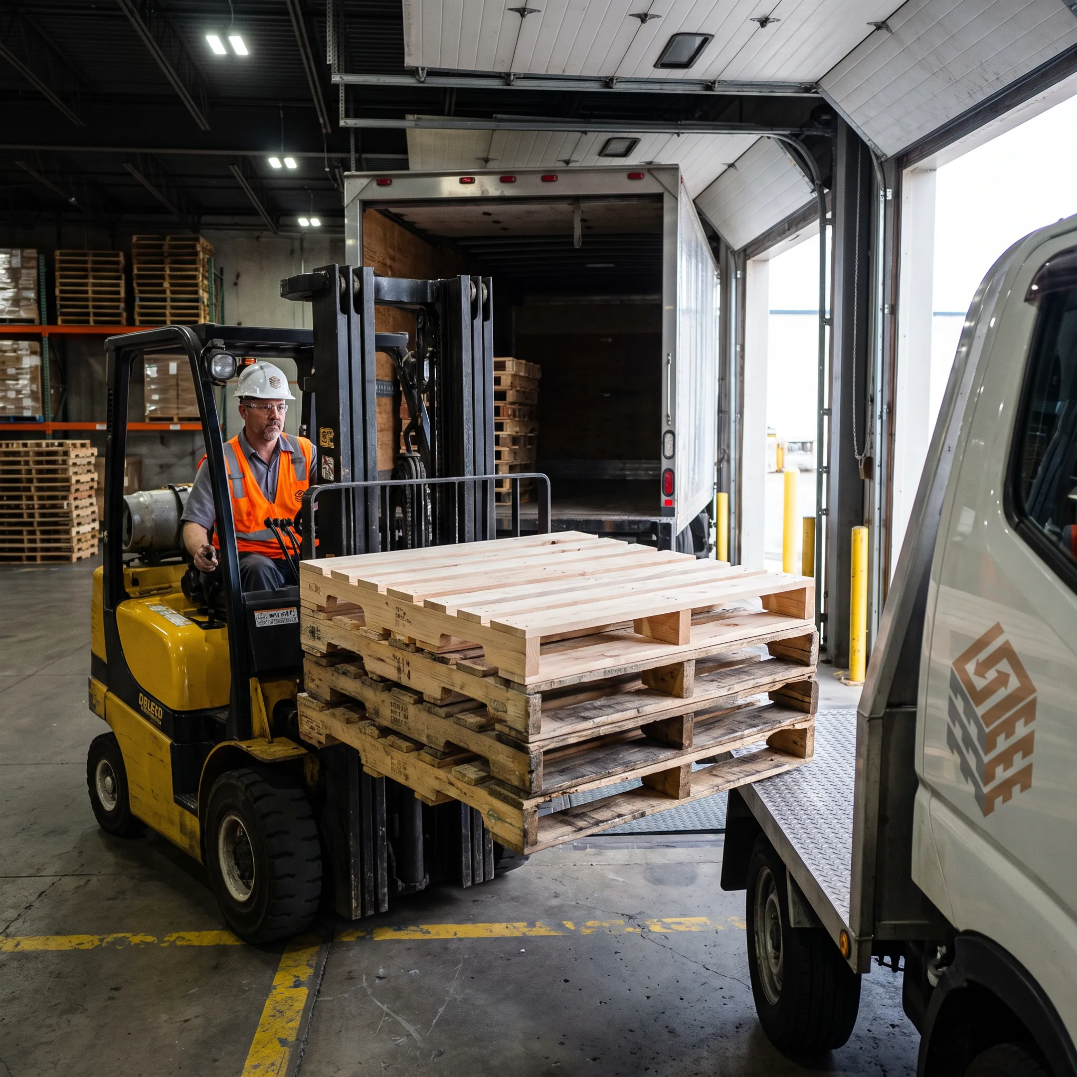 Forklift loading wood pallets onto a delivery truck