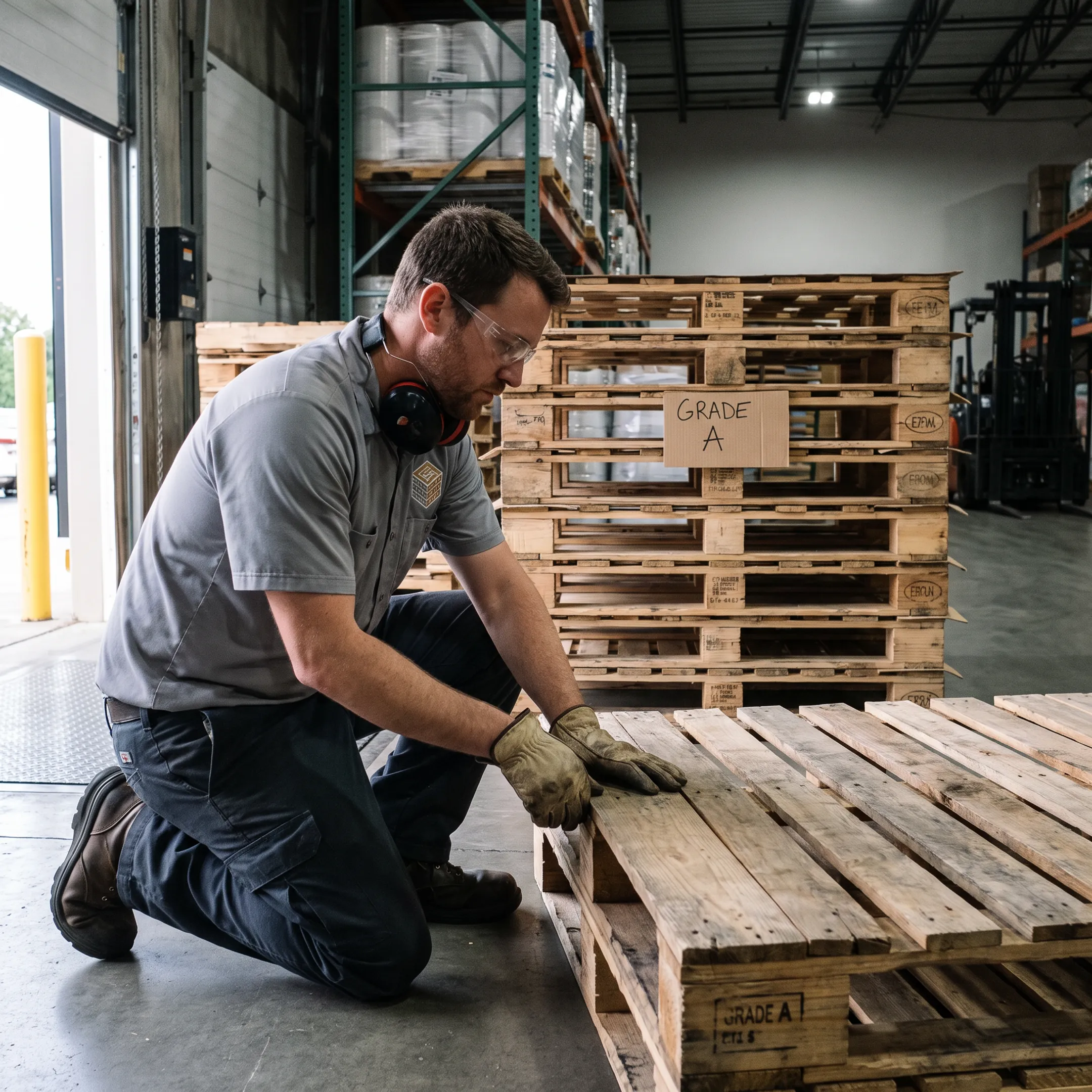 Worker inspecting a remanufactured wood pallet