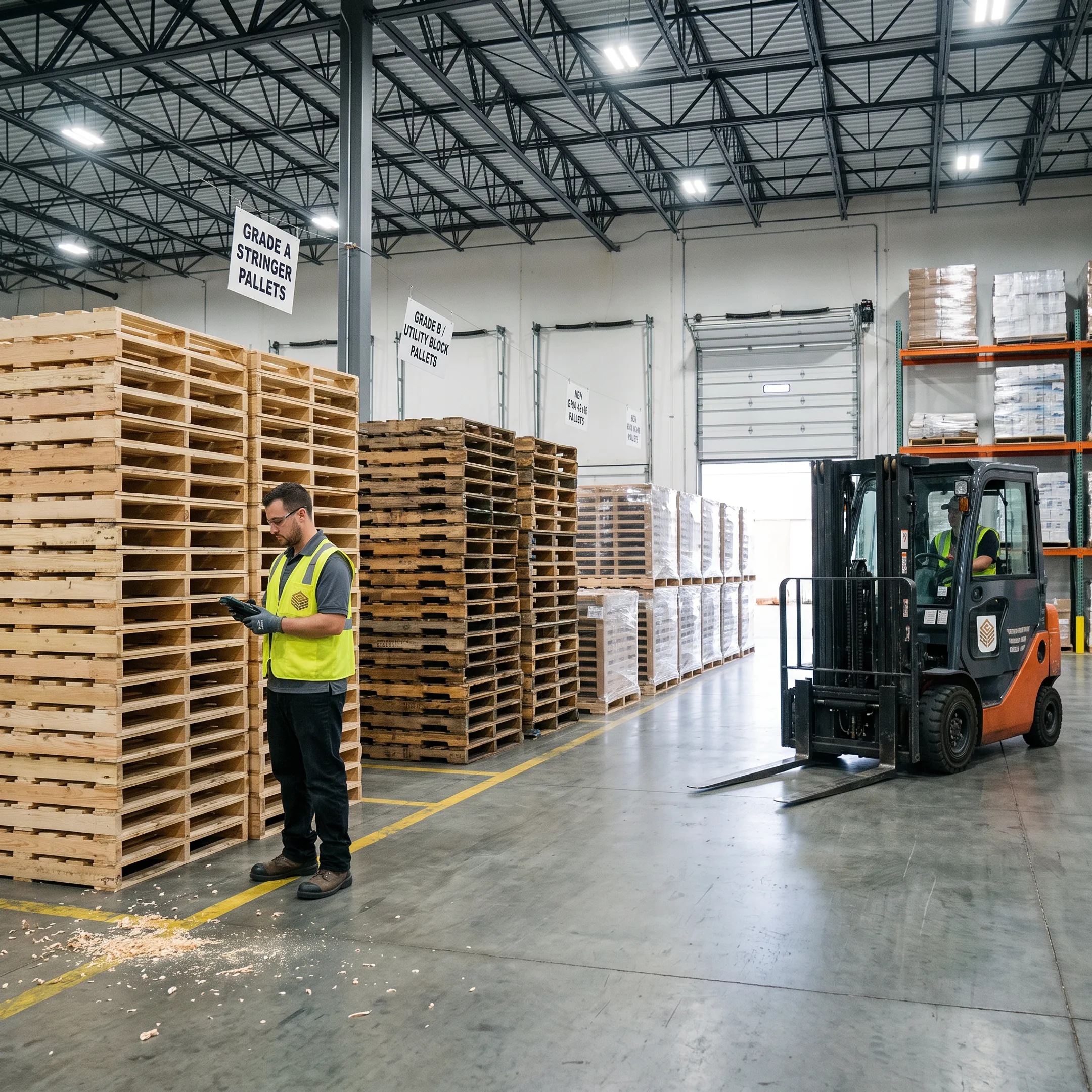 Repaired wood pallets stacked in a warehouse