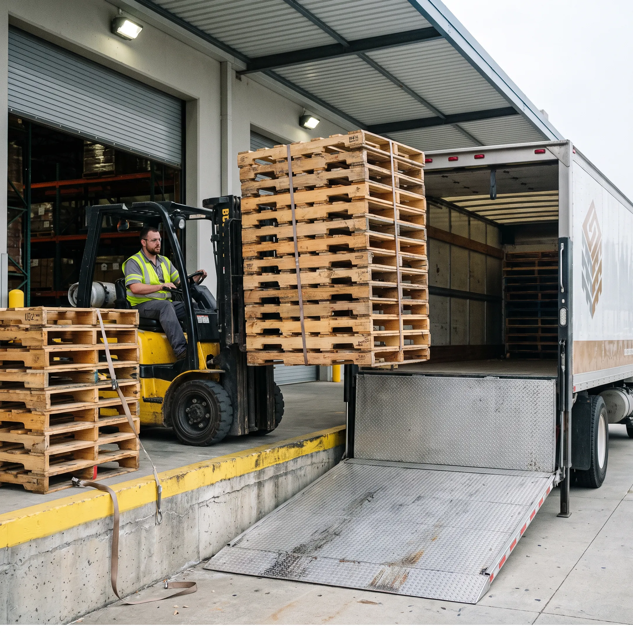 Forklift loading used wood pallets for pickup