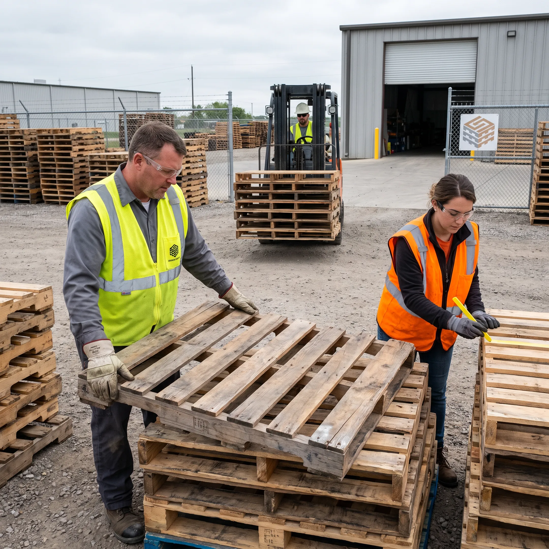 Pallets being sorted at a recycling yard