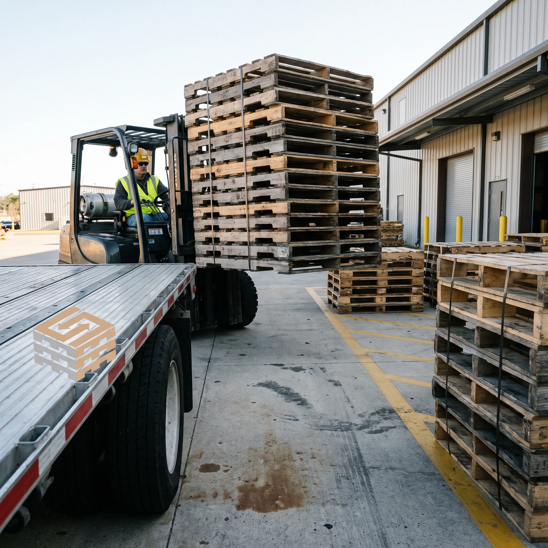 Forklift collecting used pallets at a warehouse dock