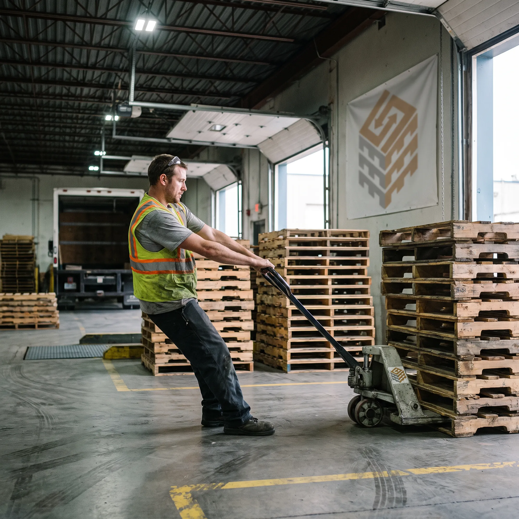 Warehouse employee preparing used pallets for collection