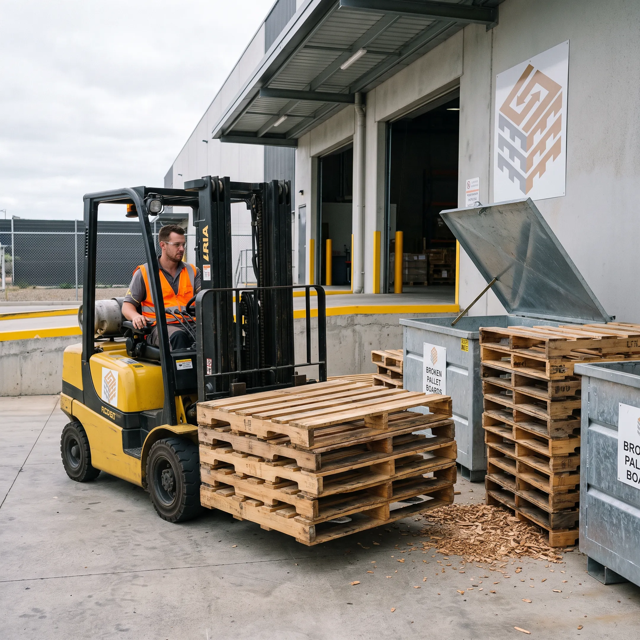 Forklift collecting used pallets at a Lancaster warehouse
