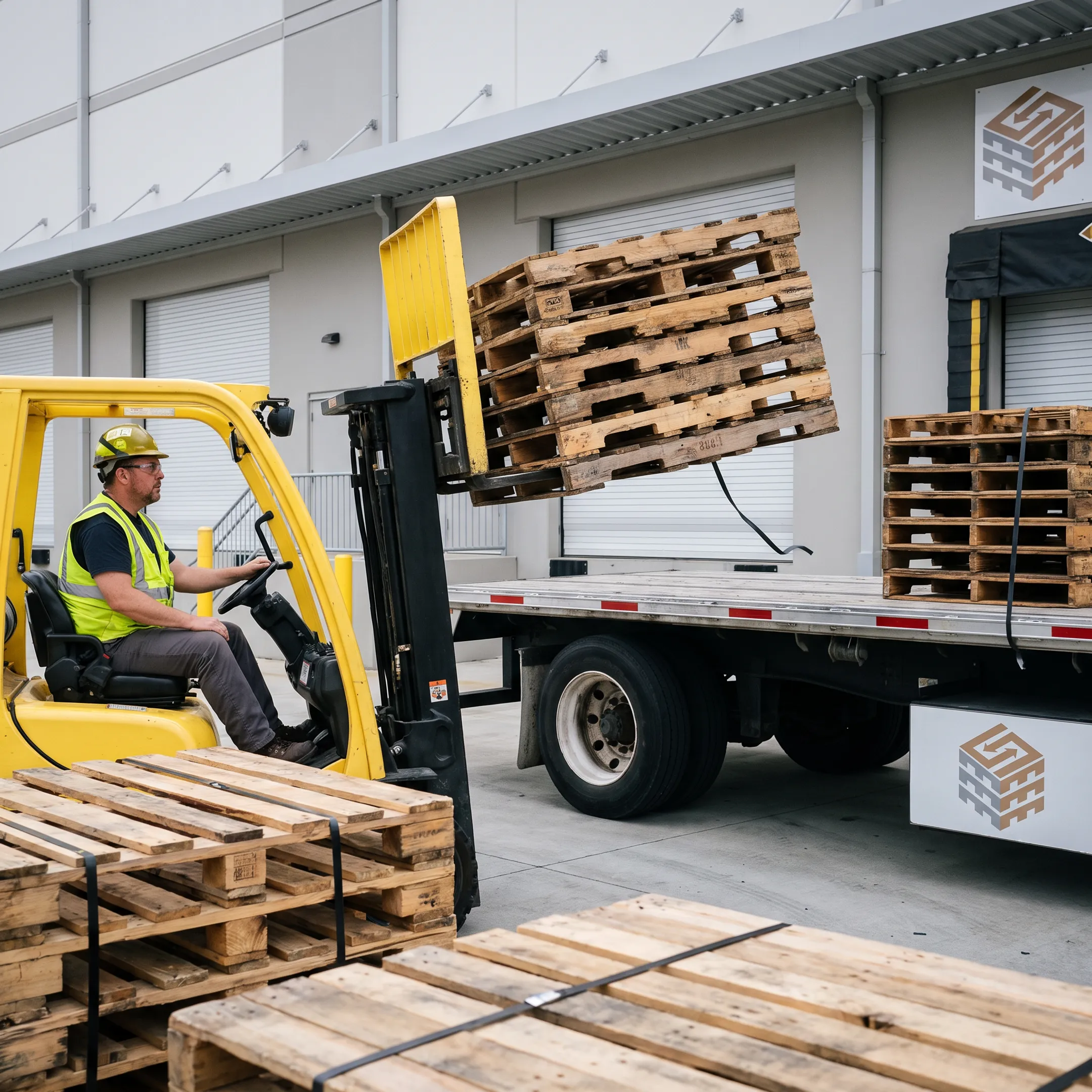 Forklift loading used wood pallets for removal