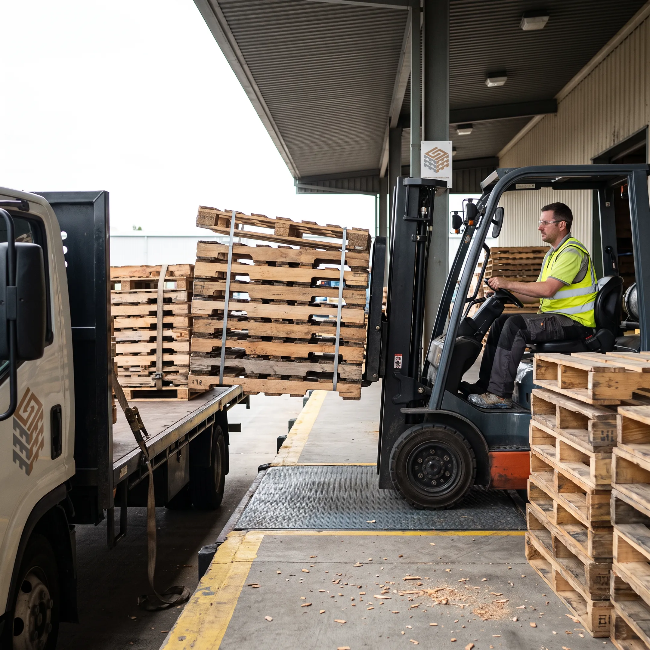 Forklift loading used wood pallets for removal