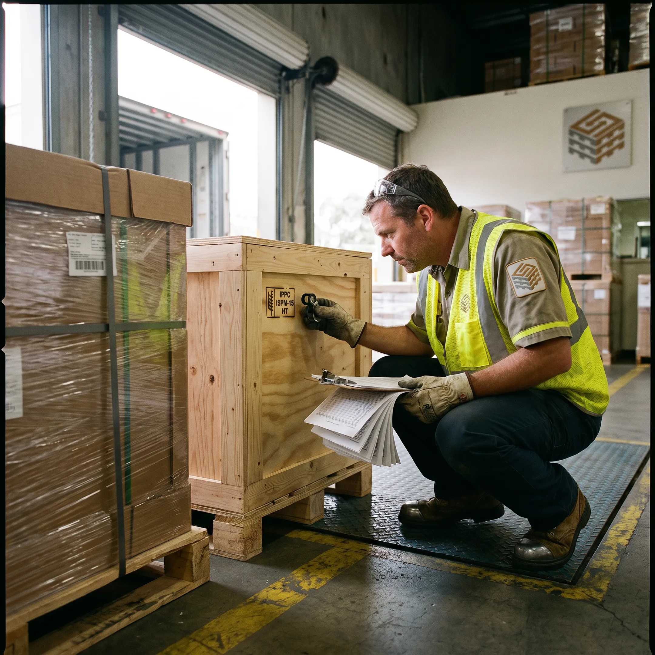 Technician inspecting an ISPM-15 stamp on export packaging