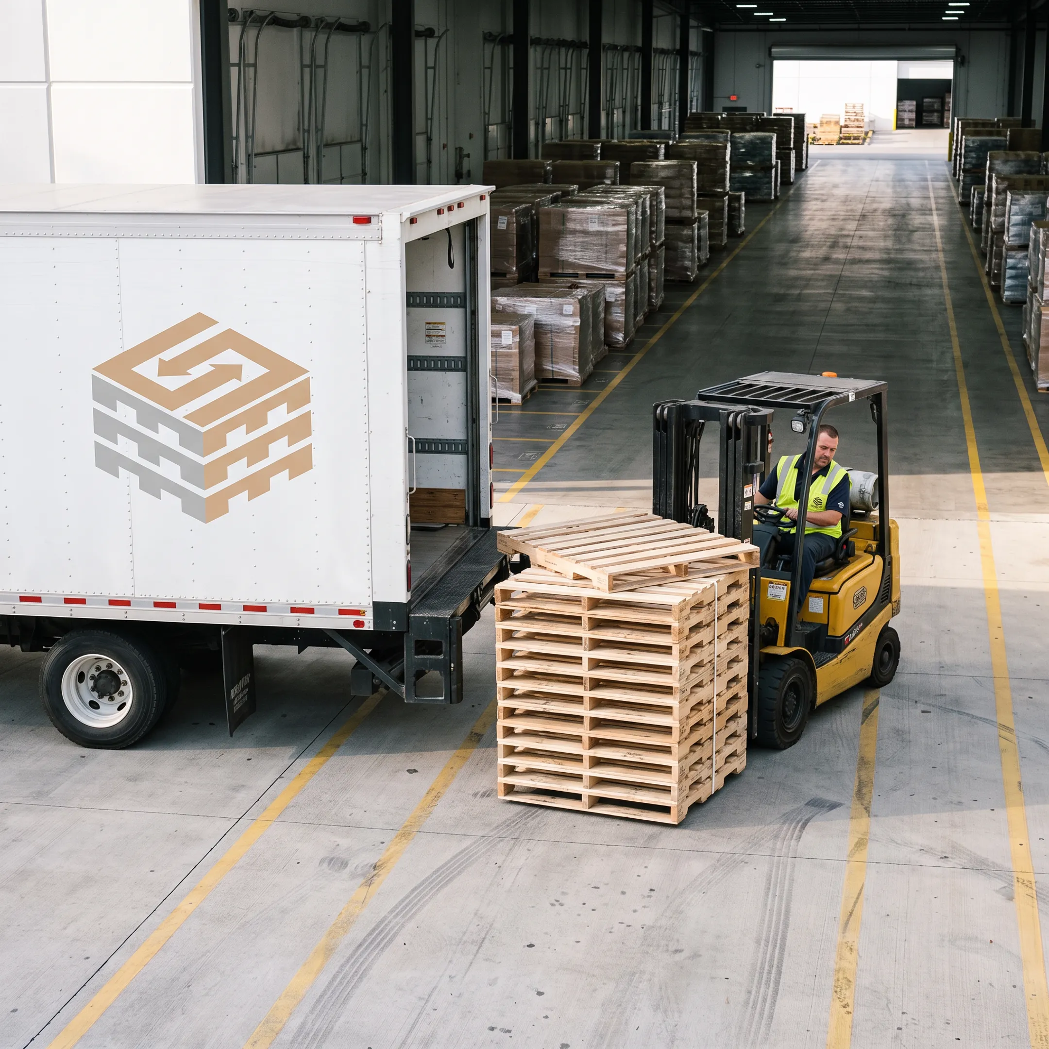 Warehouse team receiving pallet delivery