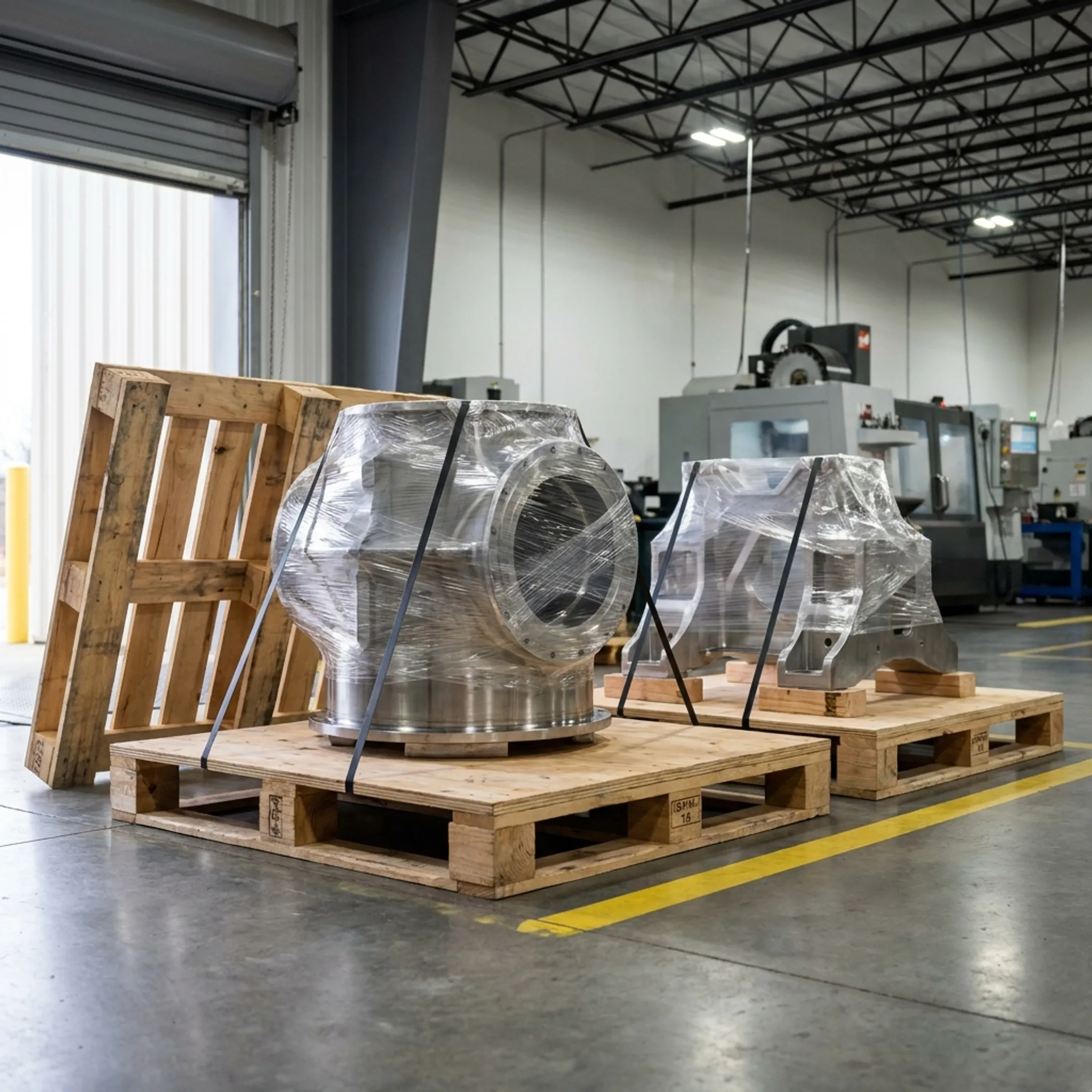 Custom wood pallets supporting aerospace components