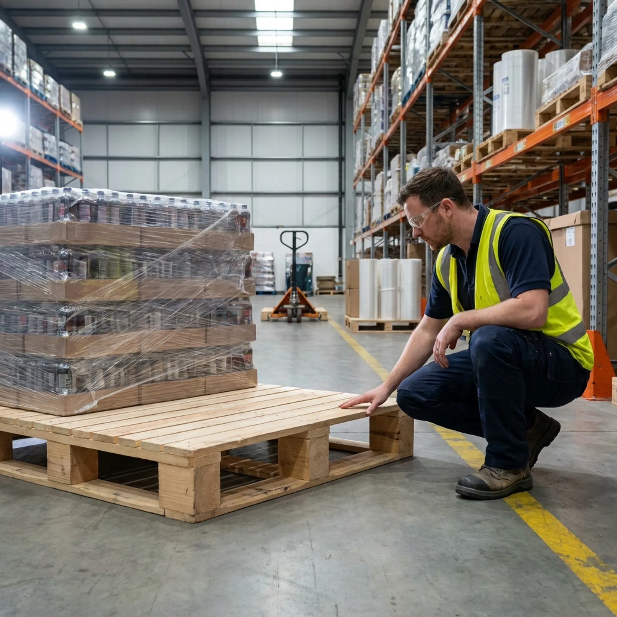 Worker inspecting custom beverage pallets