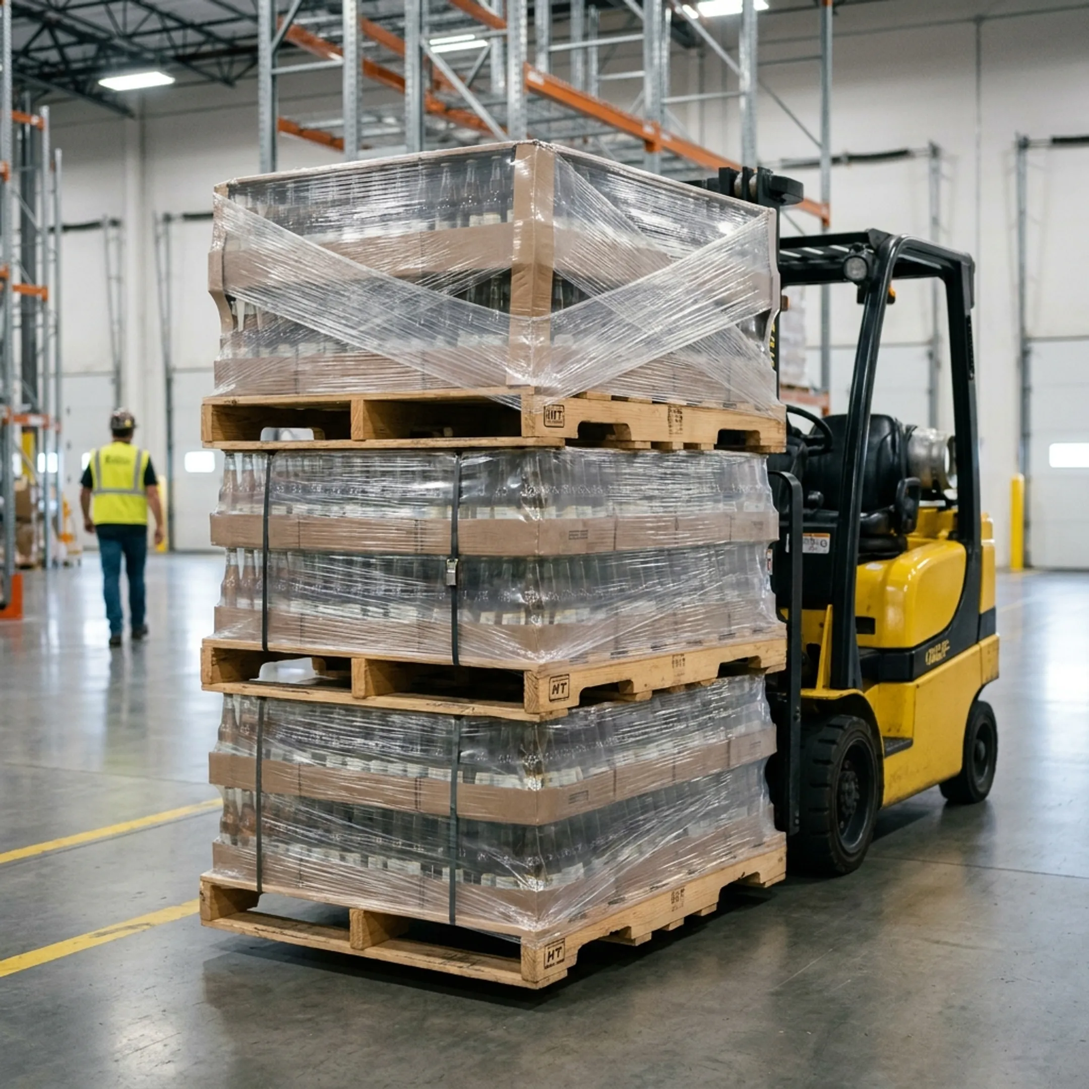 Custom wood pallets holding beverage cases in a warehouse
