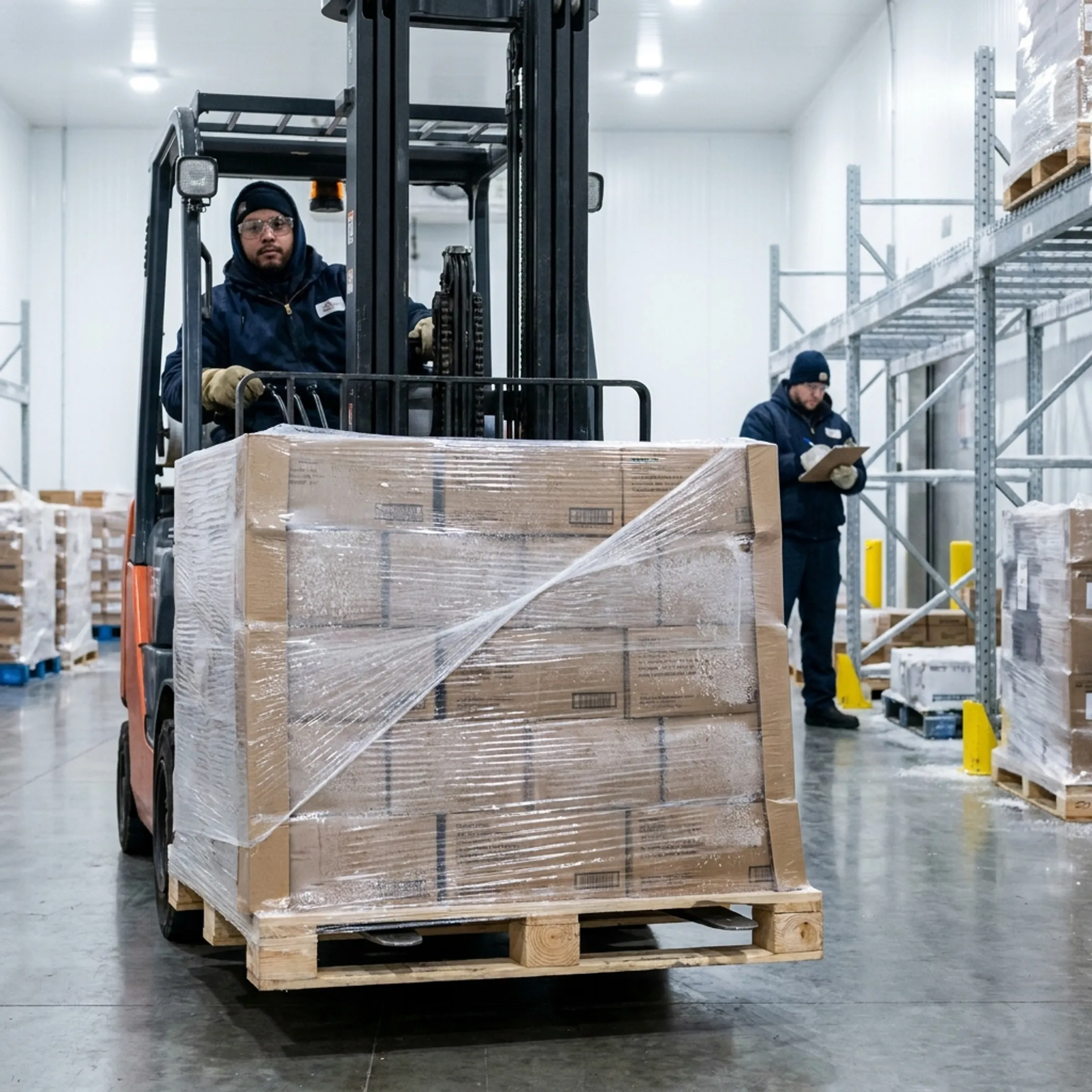 Forklift moving palletized frozen goods in a cold warehouse