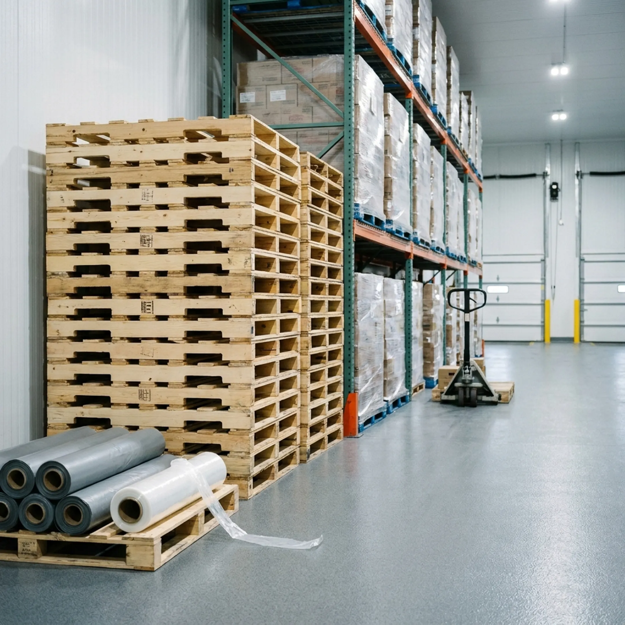 Kiln-dried pallets staged for refrigerated food storage