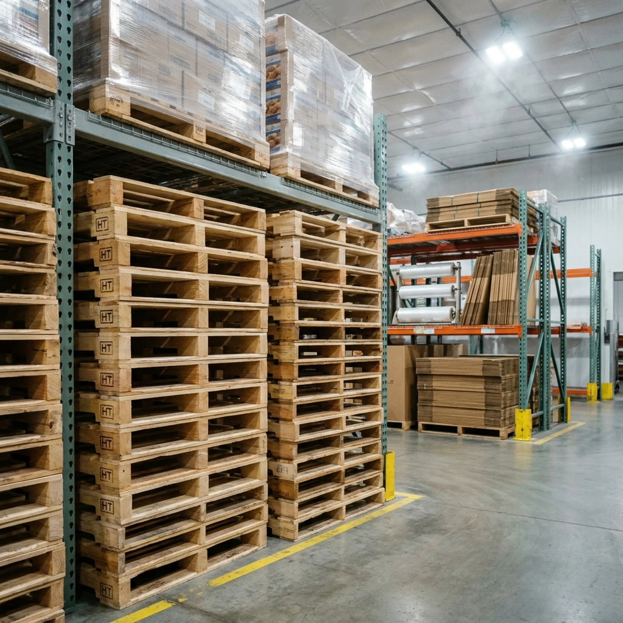 Kiln-dried pallets in a cold storage warehouse