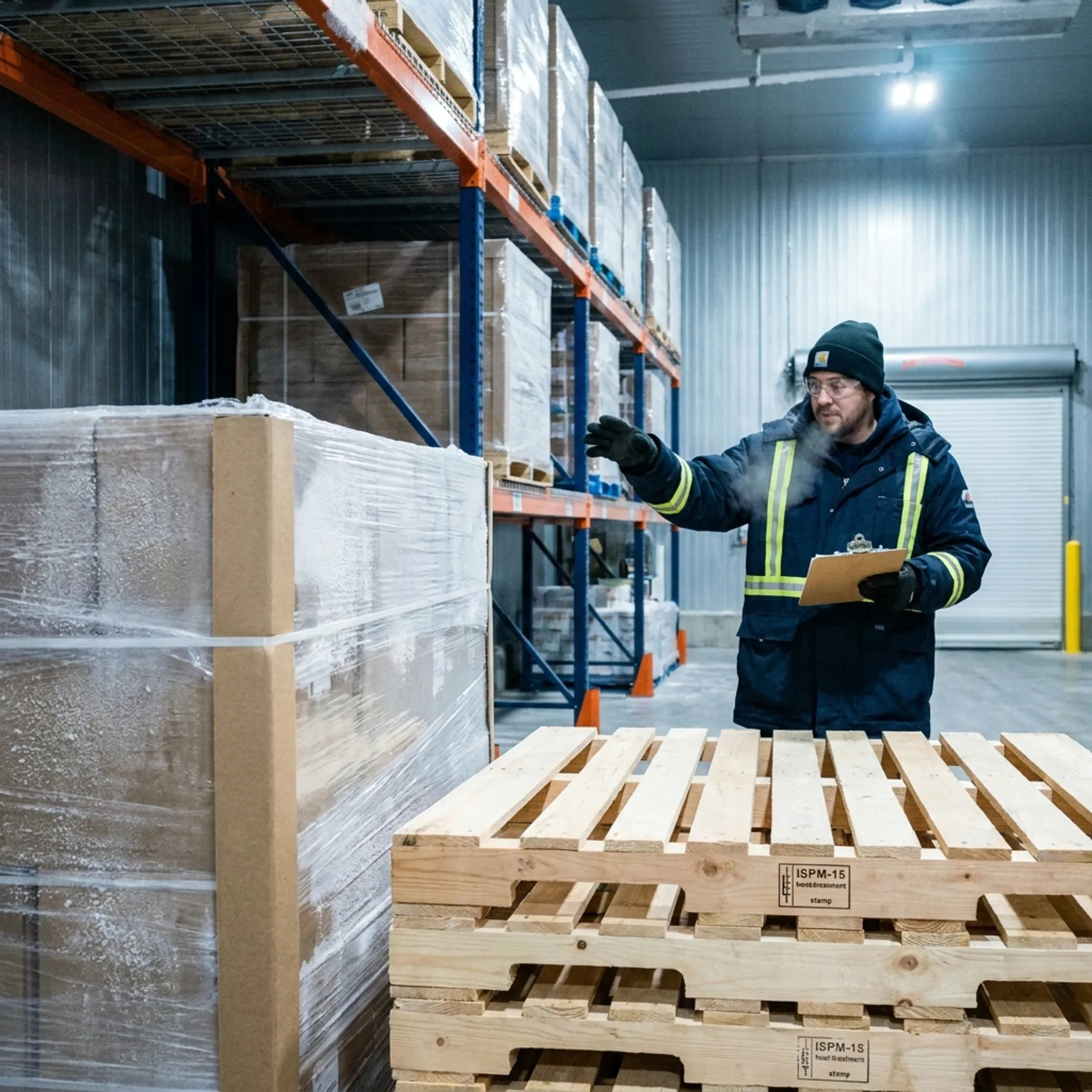 Worker inspecting pallets in a freezer warehouse