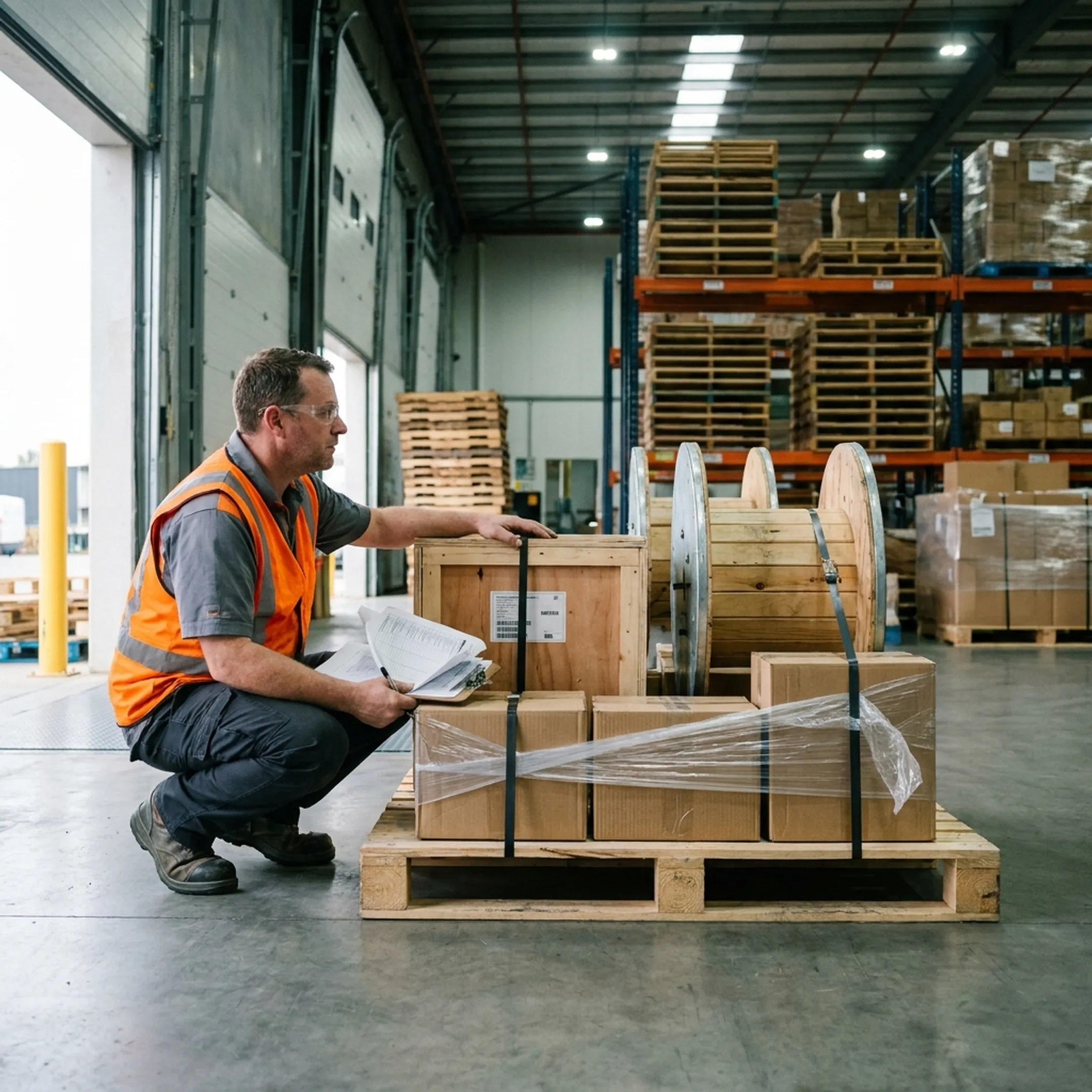 Worker inspecting custom palletized electrical equipment