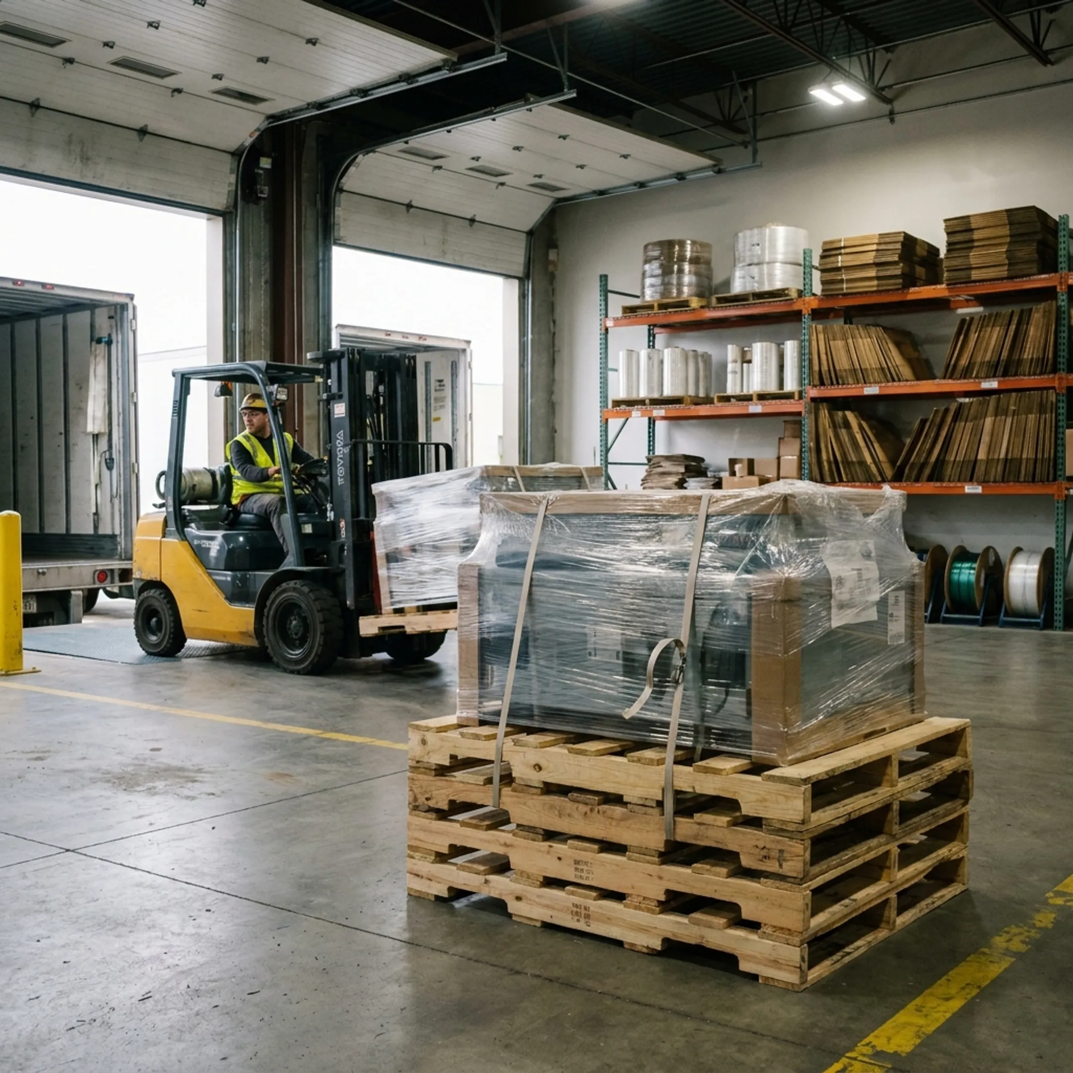 Heavy duty wood pallets loaded at an industrial warehouse
