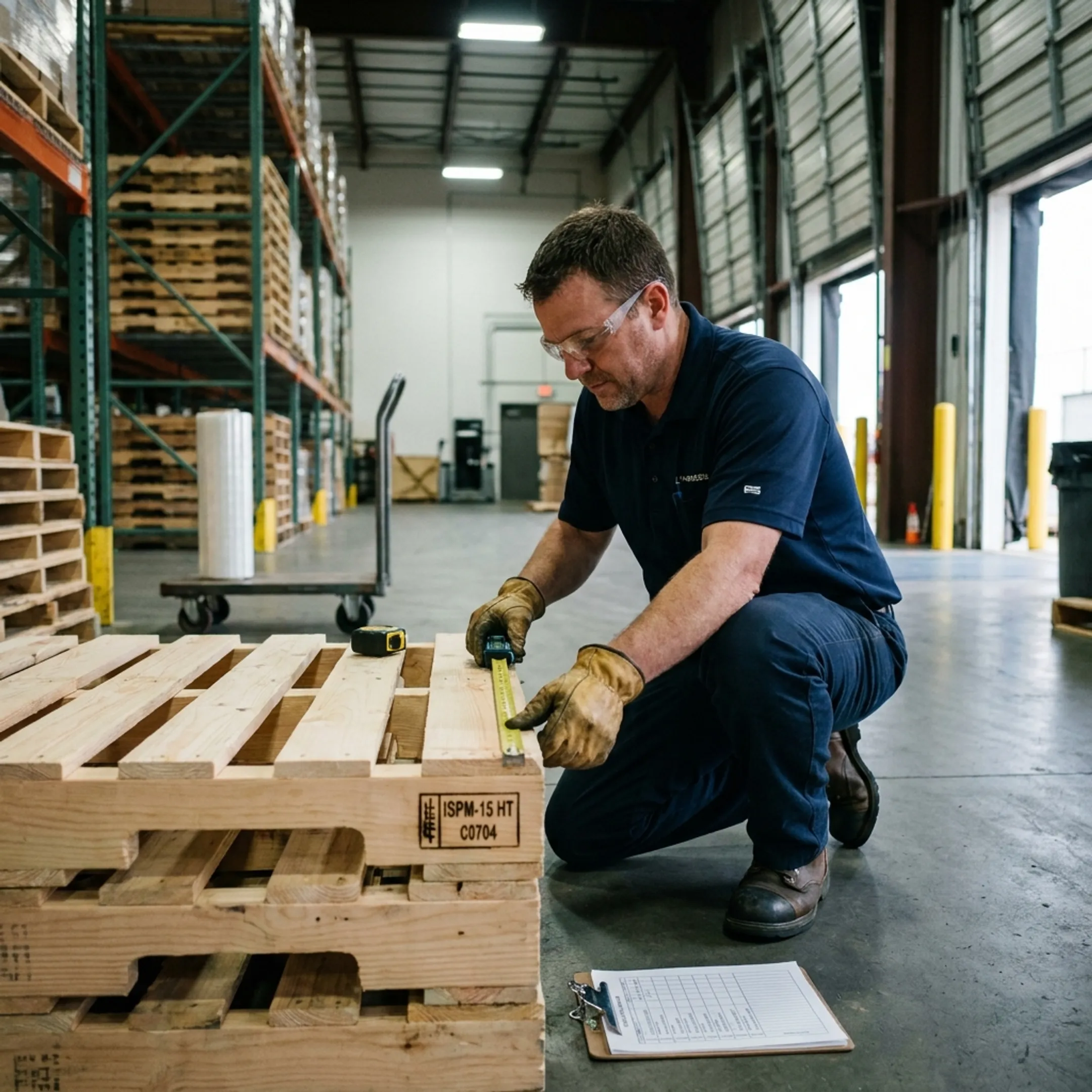 Warehouse specialist inspecting custom heat-treated pallets