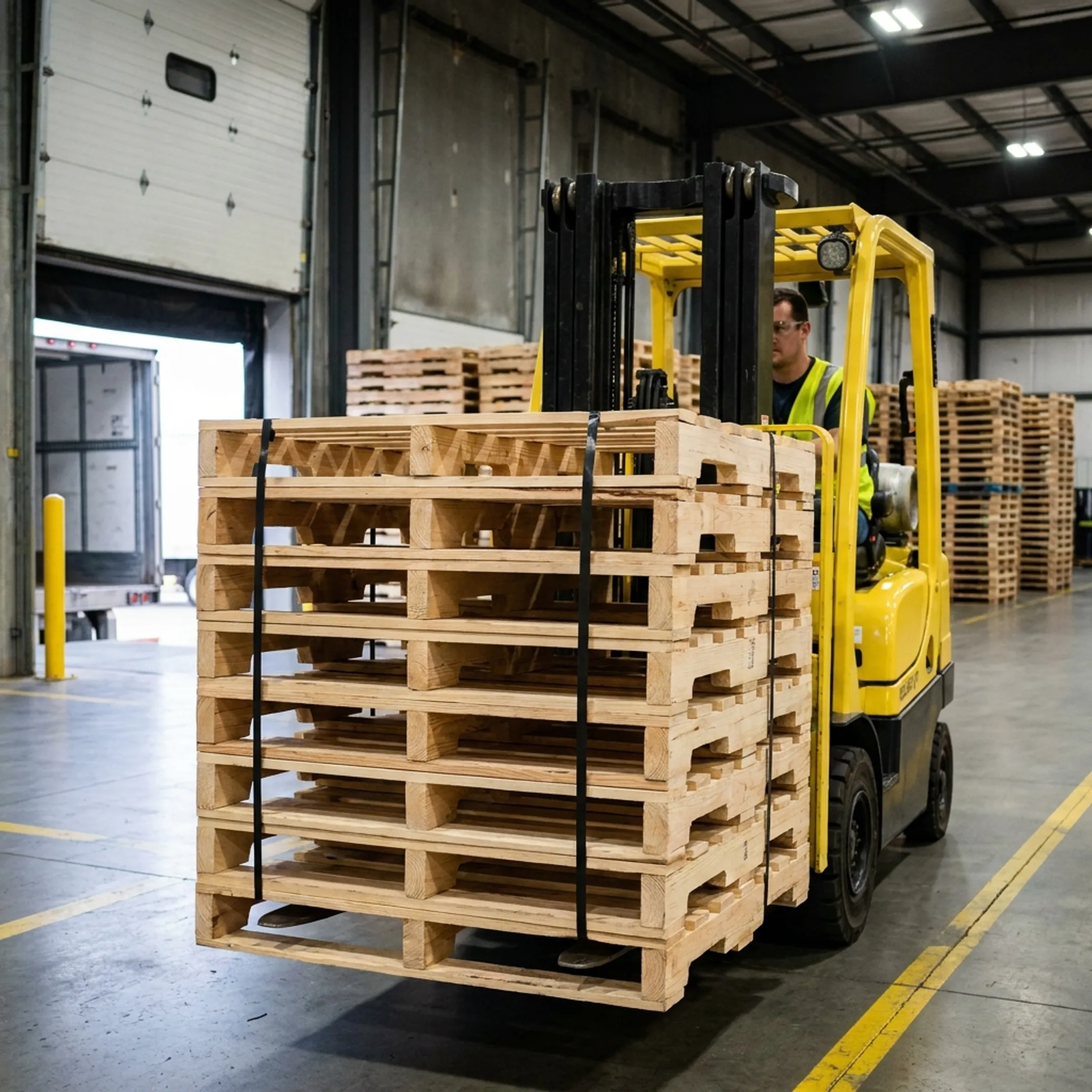 Forklift handling stacked stringer pallets