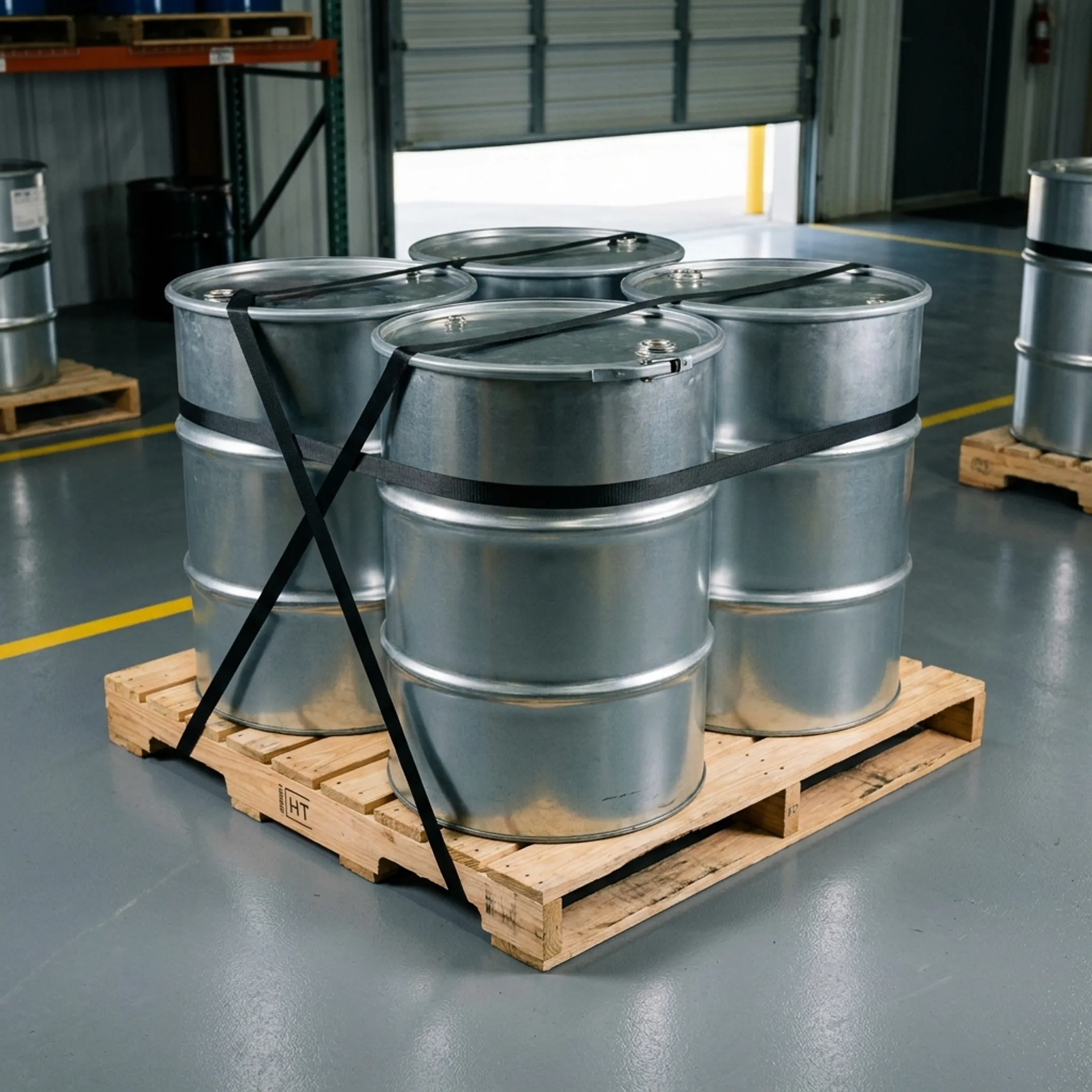 Chemical drums on industrial wood pallets