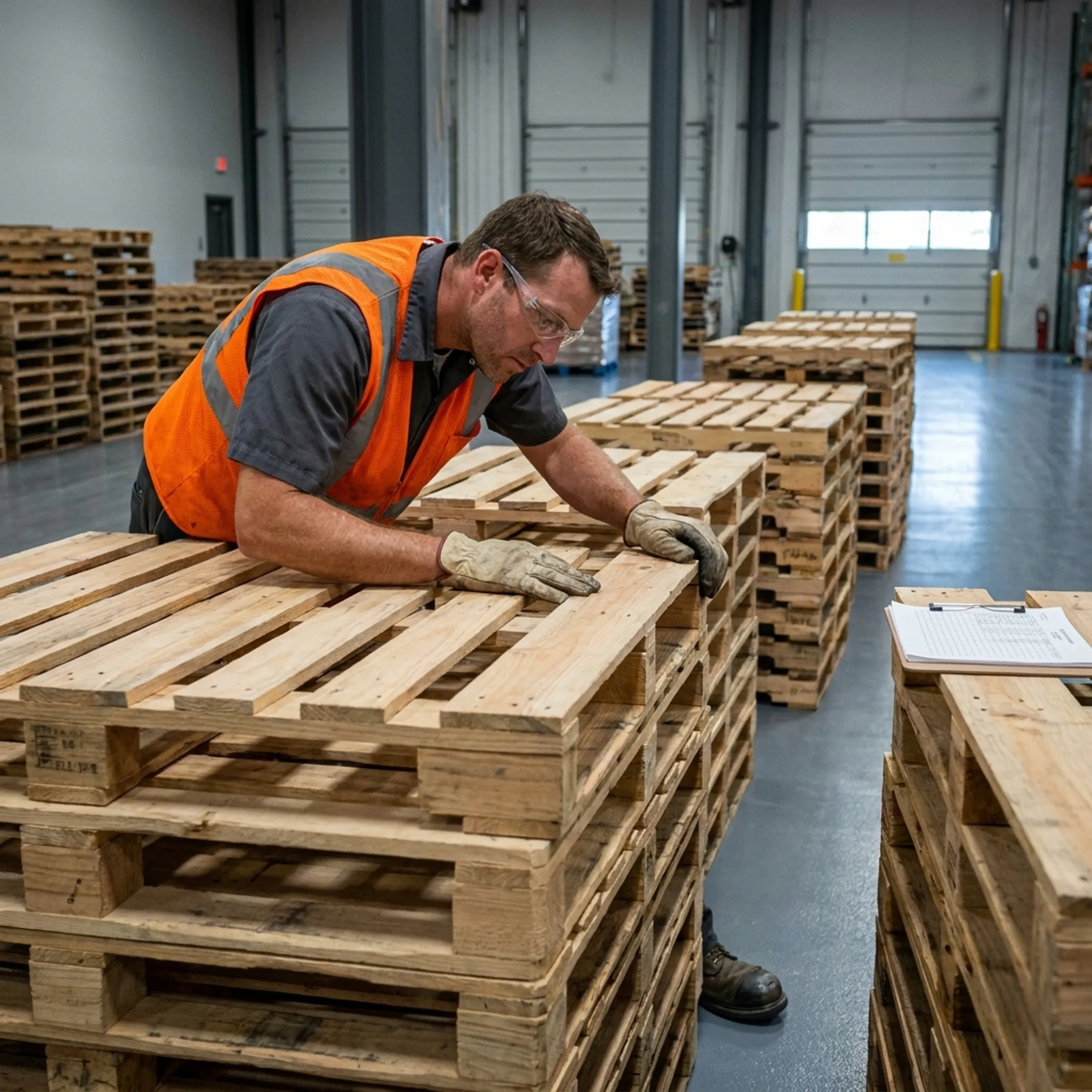 Worker inspecting Grade A wooden pallets