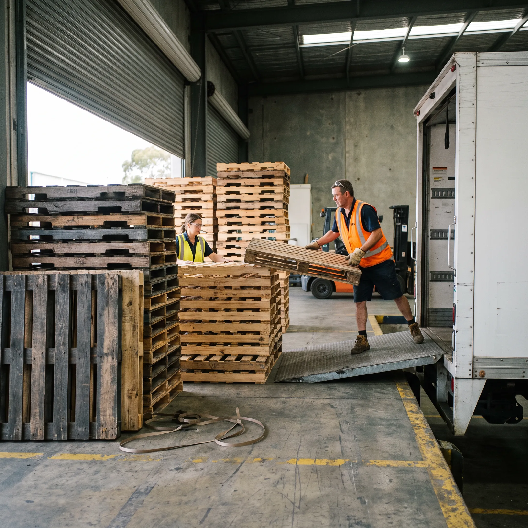 Warehouse crew sorting and loading old wooden pallets for removal