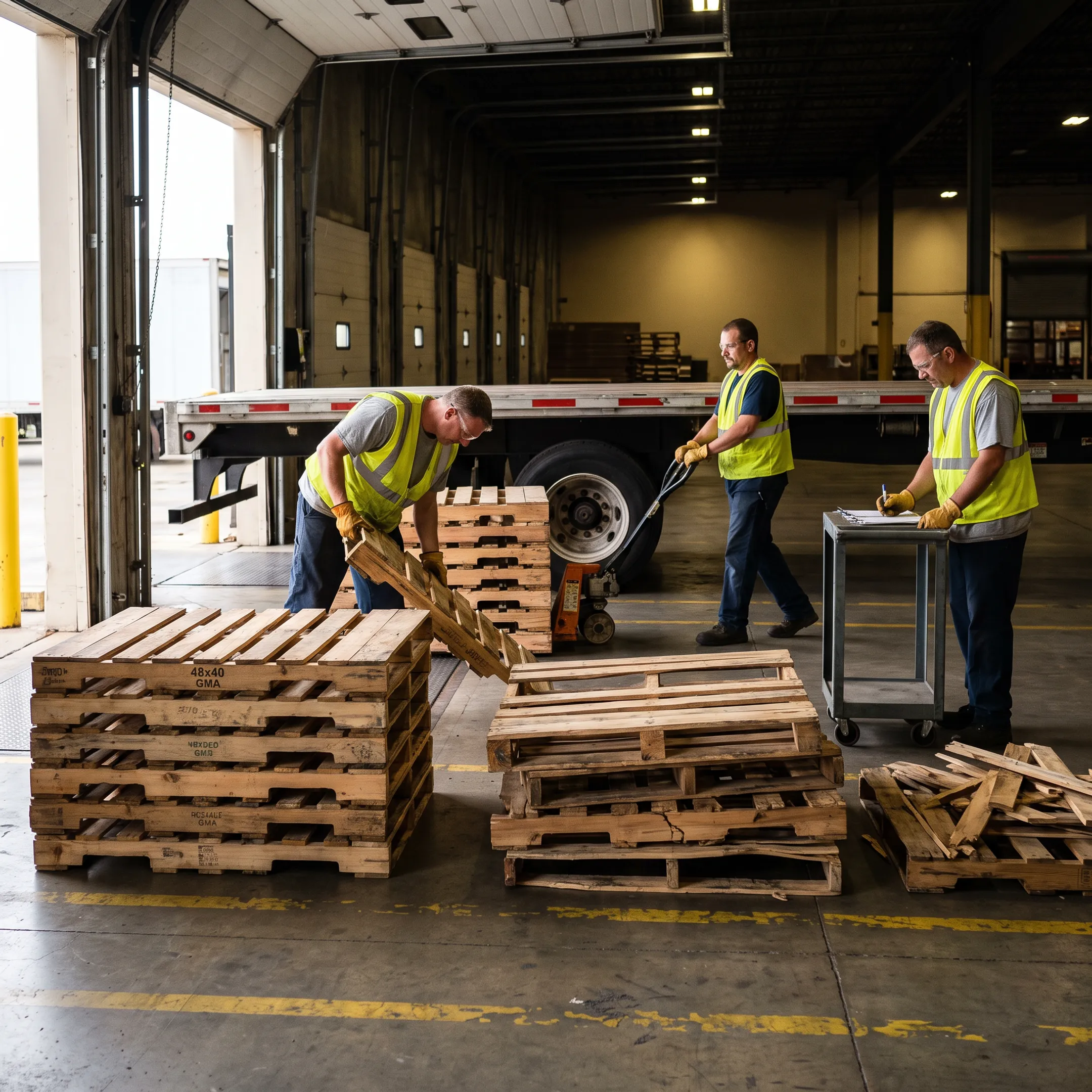 Warehouse worker sorting used wooden pallets for pickup and recycling