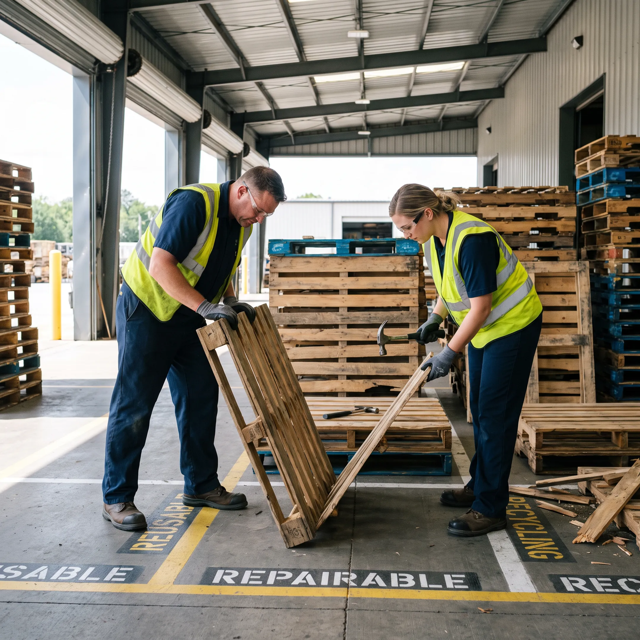 Workers sorting used wood pallets for recycling at an industrial facility