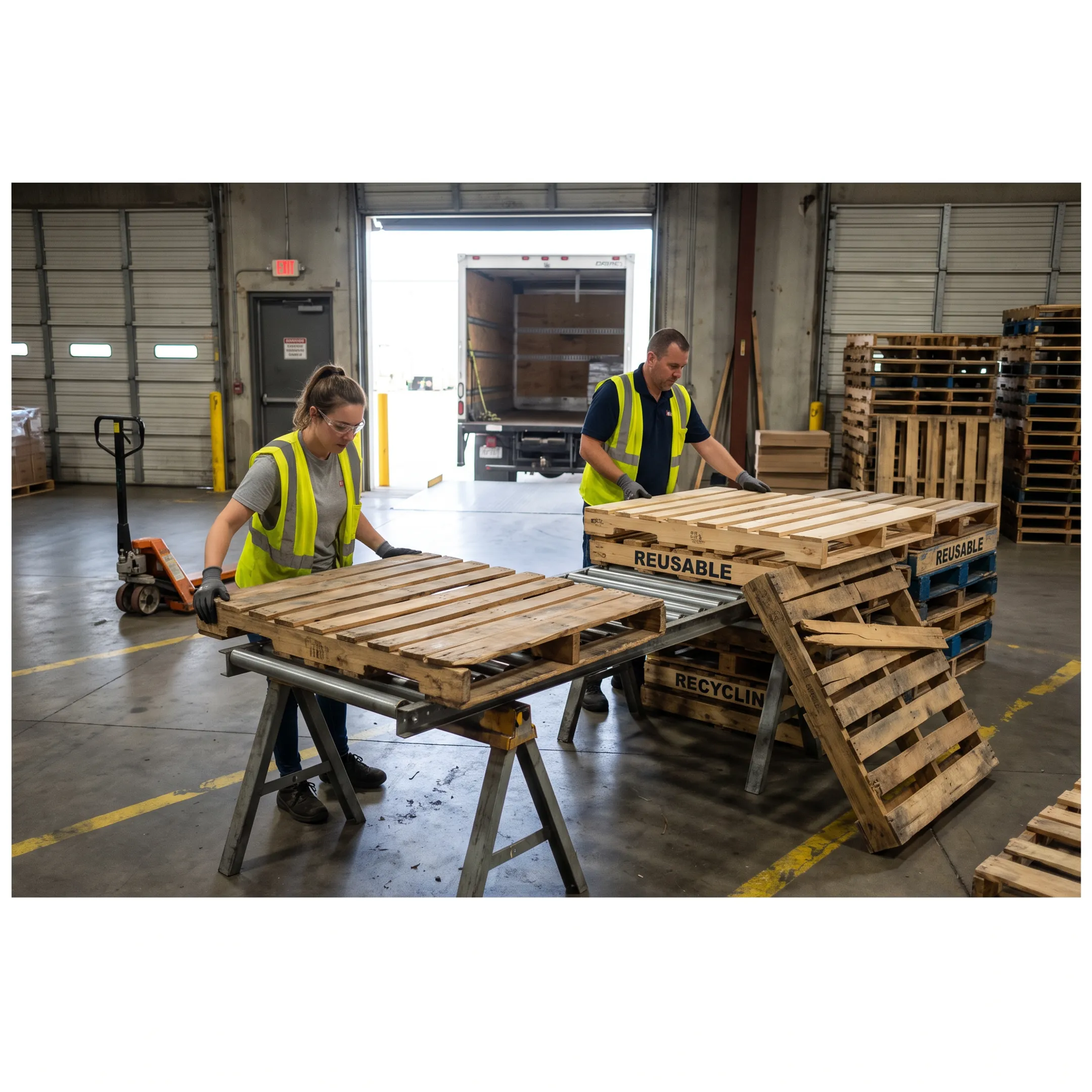 Workers sorting damaged pallets for removal and recycling